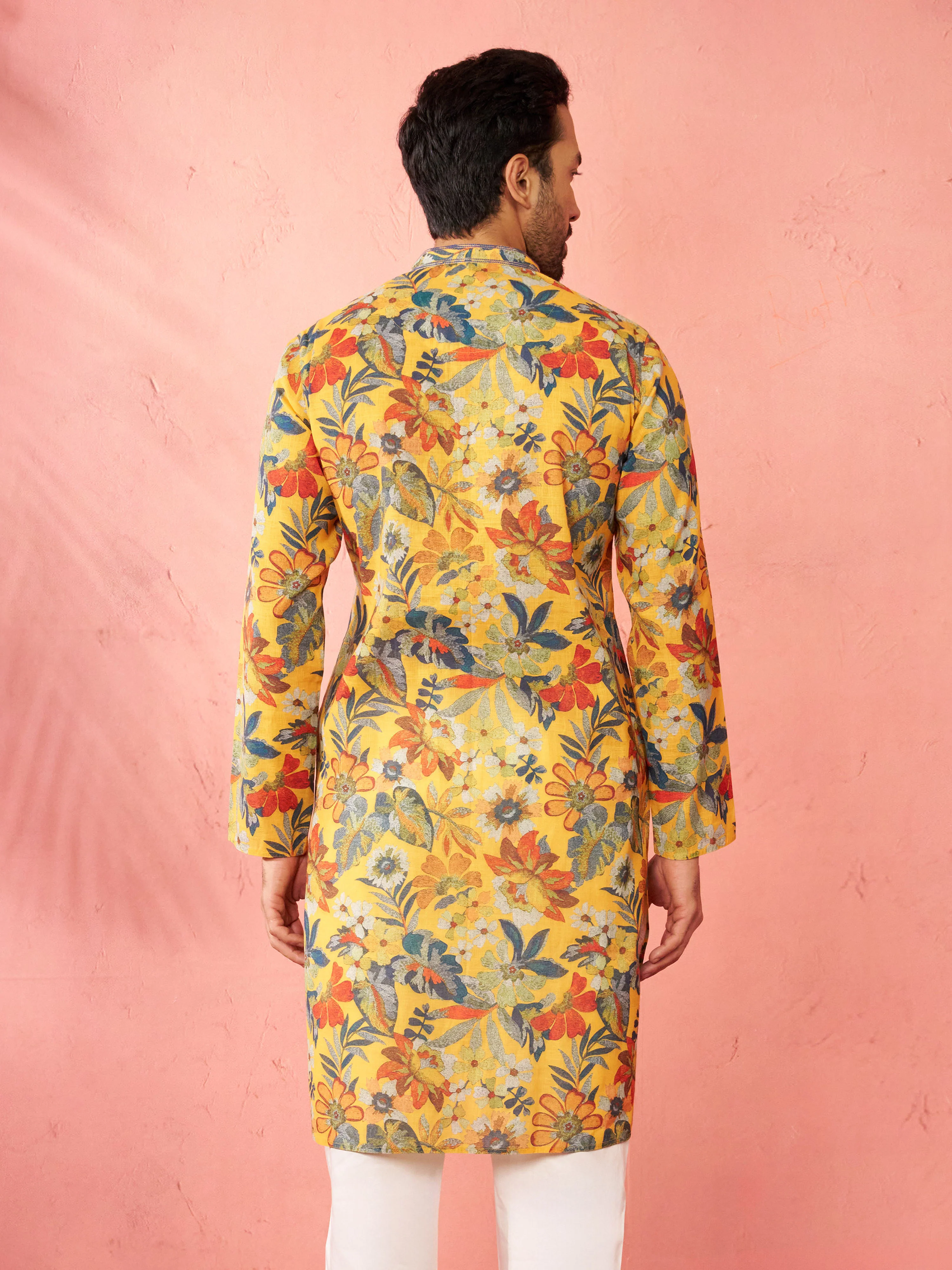 Men's Mustard Cotton Linen Long Kurta - Image 5