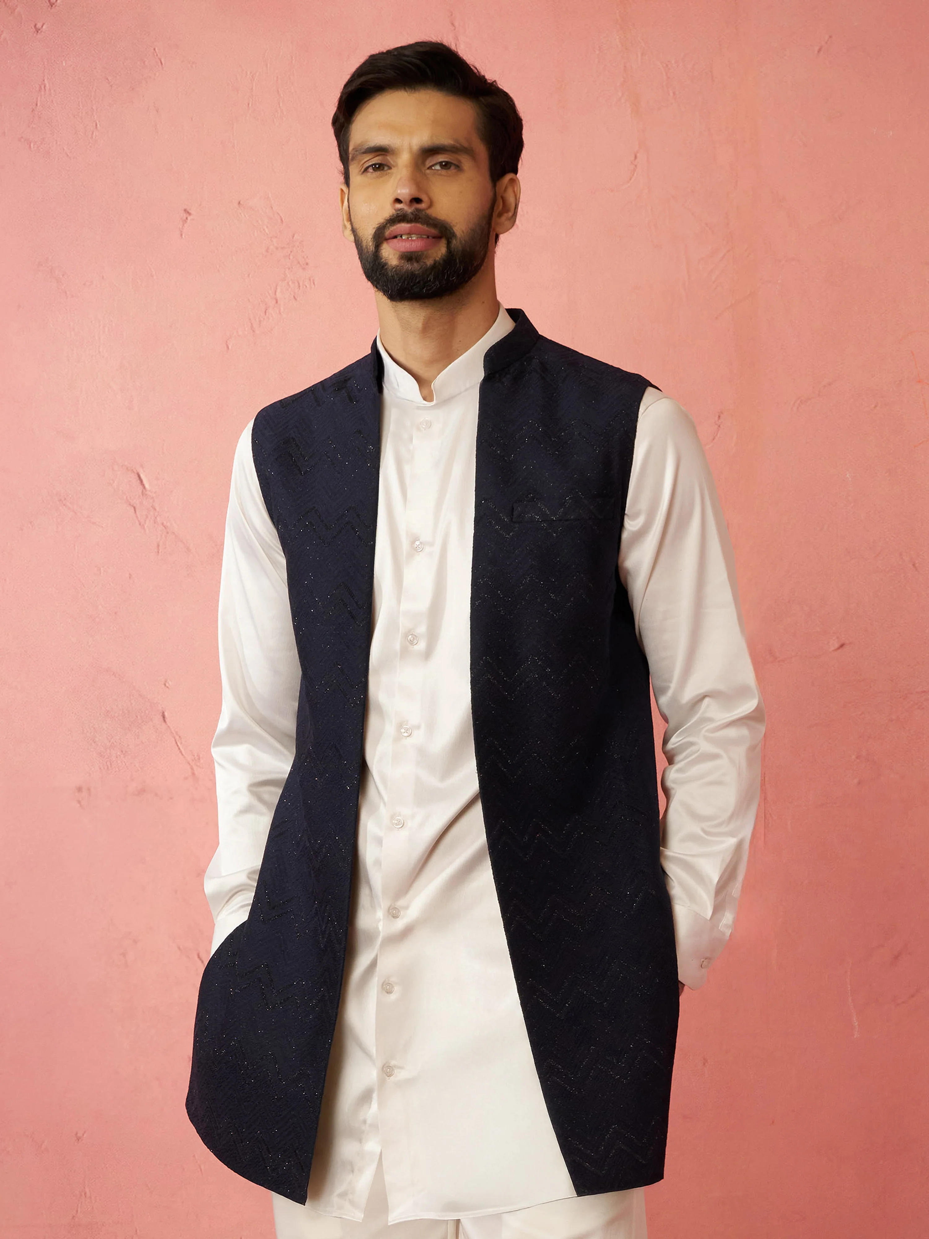 Men's Navy Blue Maharaja Jacquard Nehru Jacket - Image 3