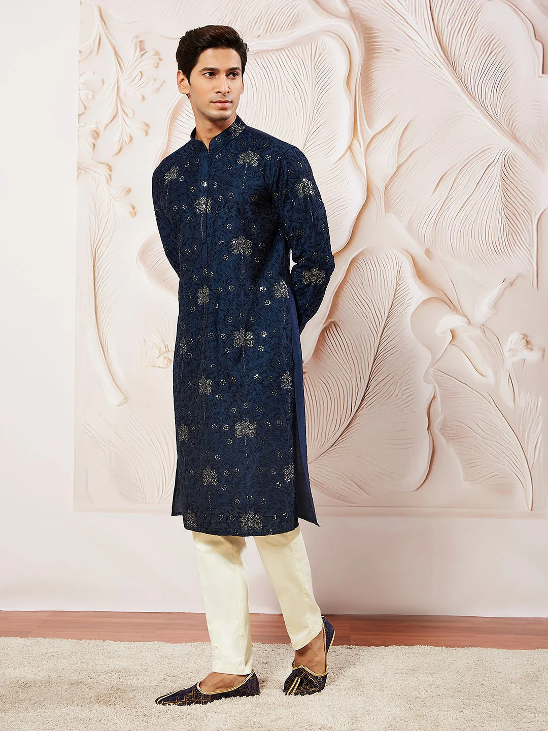 Men's Navy Blue Sequin Floral Embroidered Silk Kurta with Satin Pyjama Set - Image 4