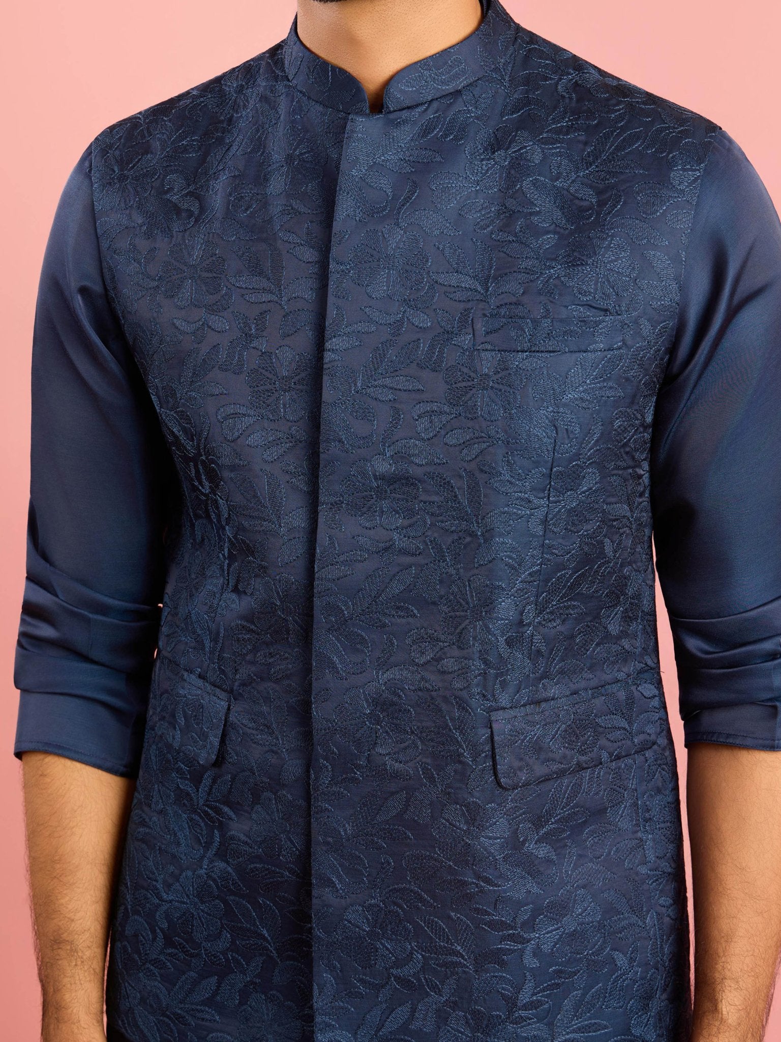 Men's Navy Blue Silk Blend Nehru Jacket - Image 2