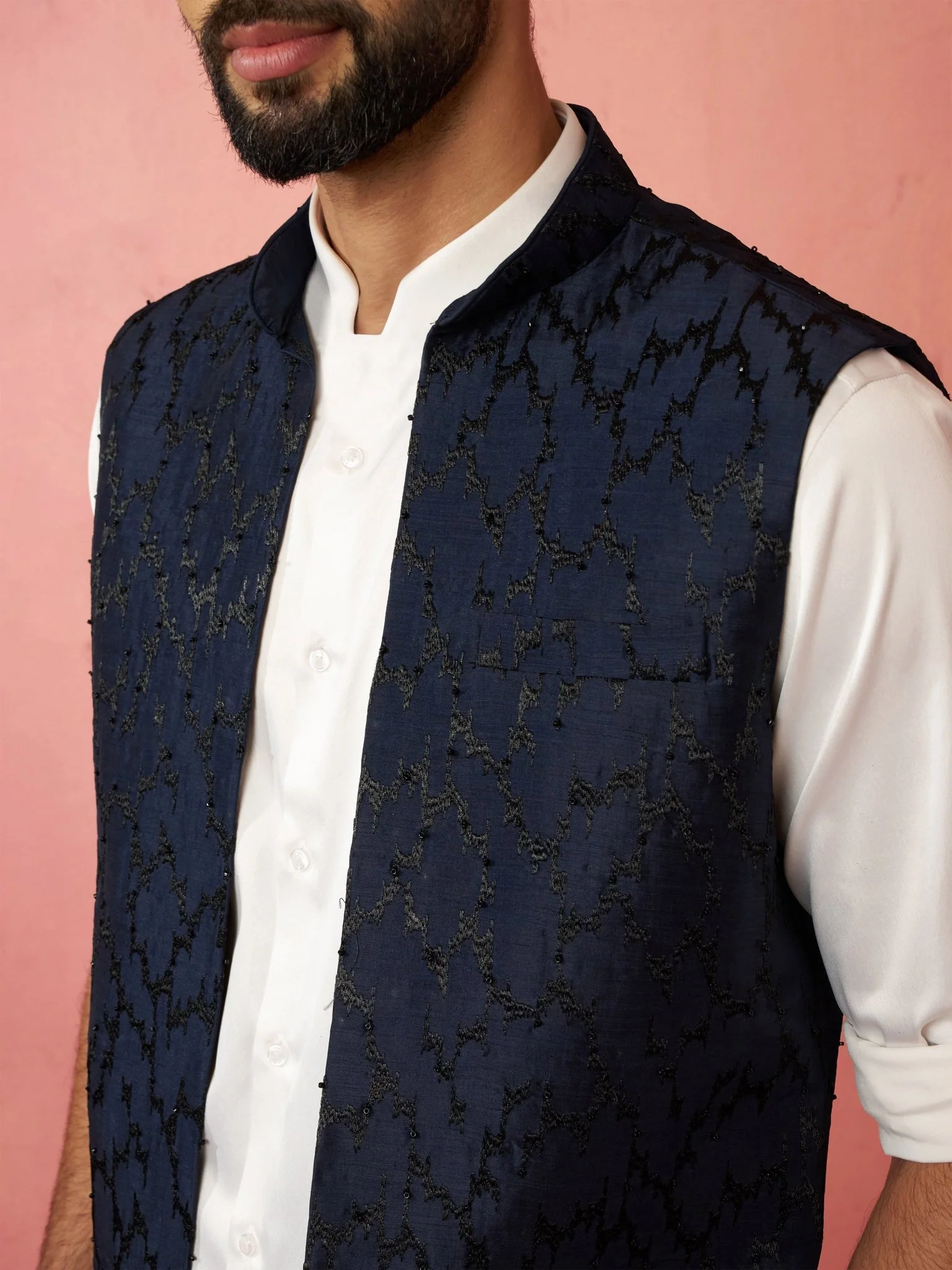 Men's Navy Blue Silky Abstract Embroidered Nehru Jacket - Image 2