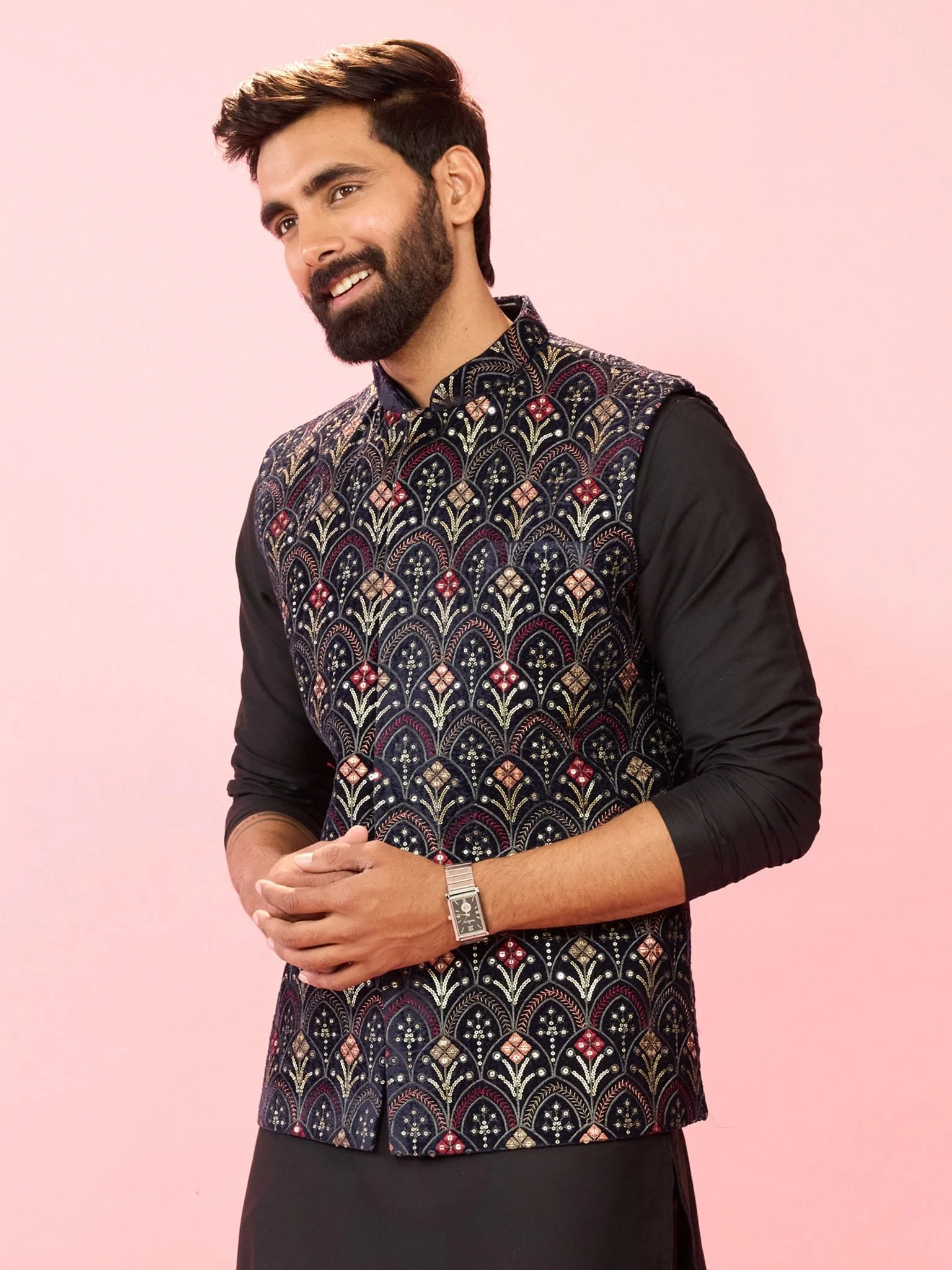 Men's Navy Blue Velvet Floral Geometric Thread Sequin Embroidered Nehru Jacket - Image 4