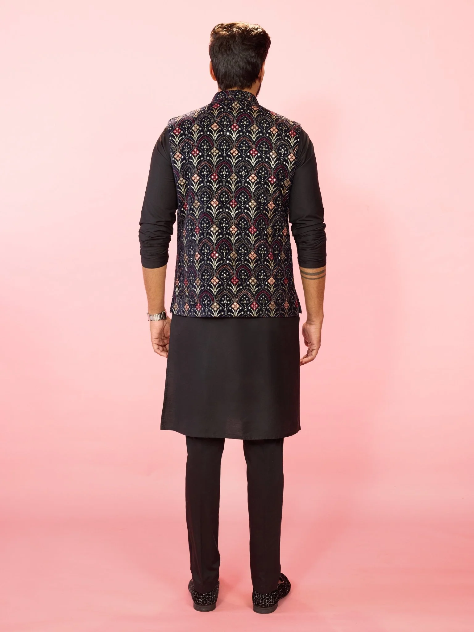 Men's Navy Blue Velvet Sequin Nehru Jacket with Black Silk Kurta & Pant Pyjama Set - Image 5