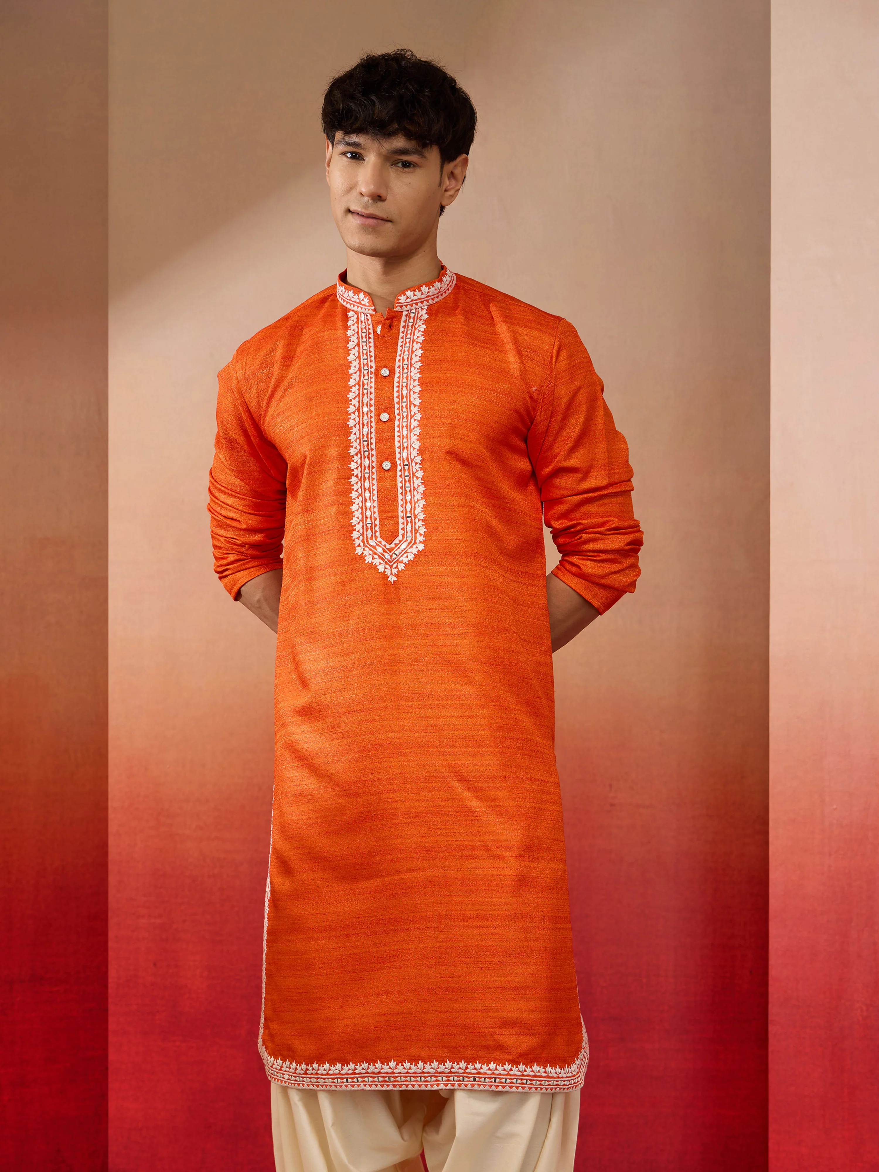 Men's Orange Hand Embroidered Silk Kurta - Image 3