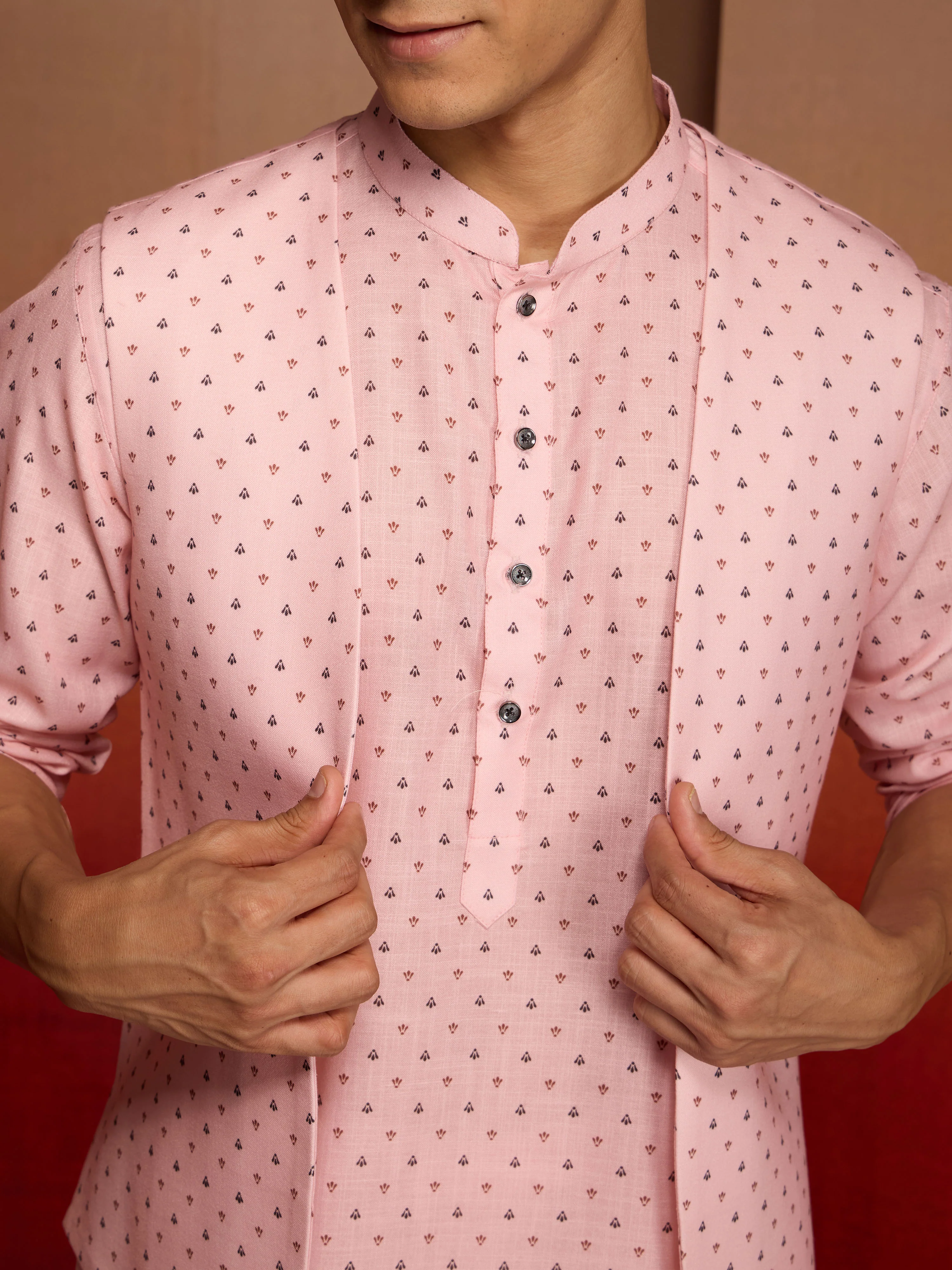 Men's Peach Cotton Linen 3-Piece Nehru Set - Image 2