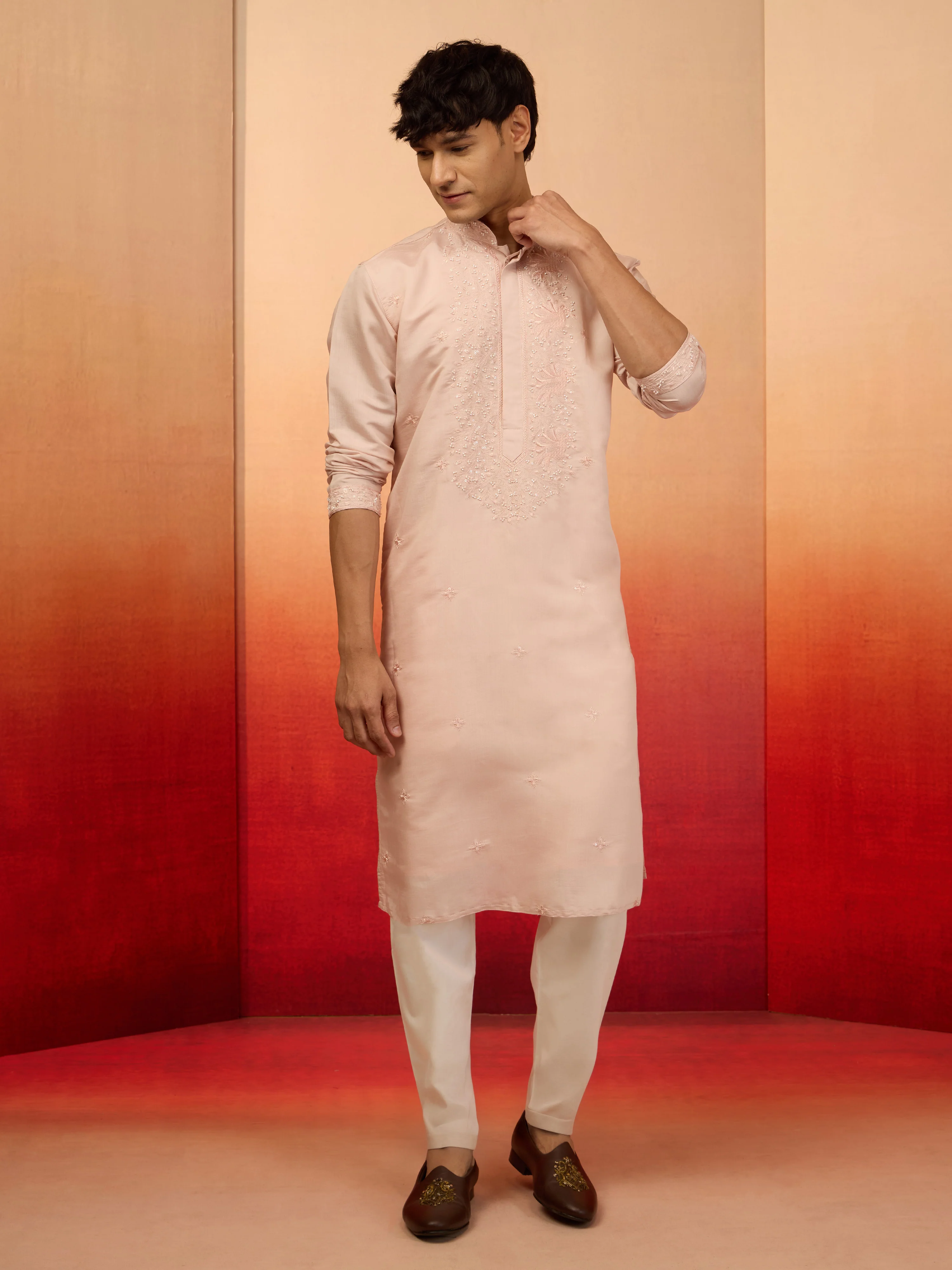 Men's Peach Silk Blend Embroidered Kurta with Cream Pyjama - Image 3