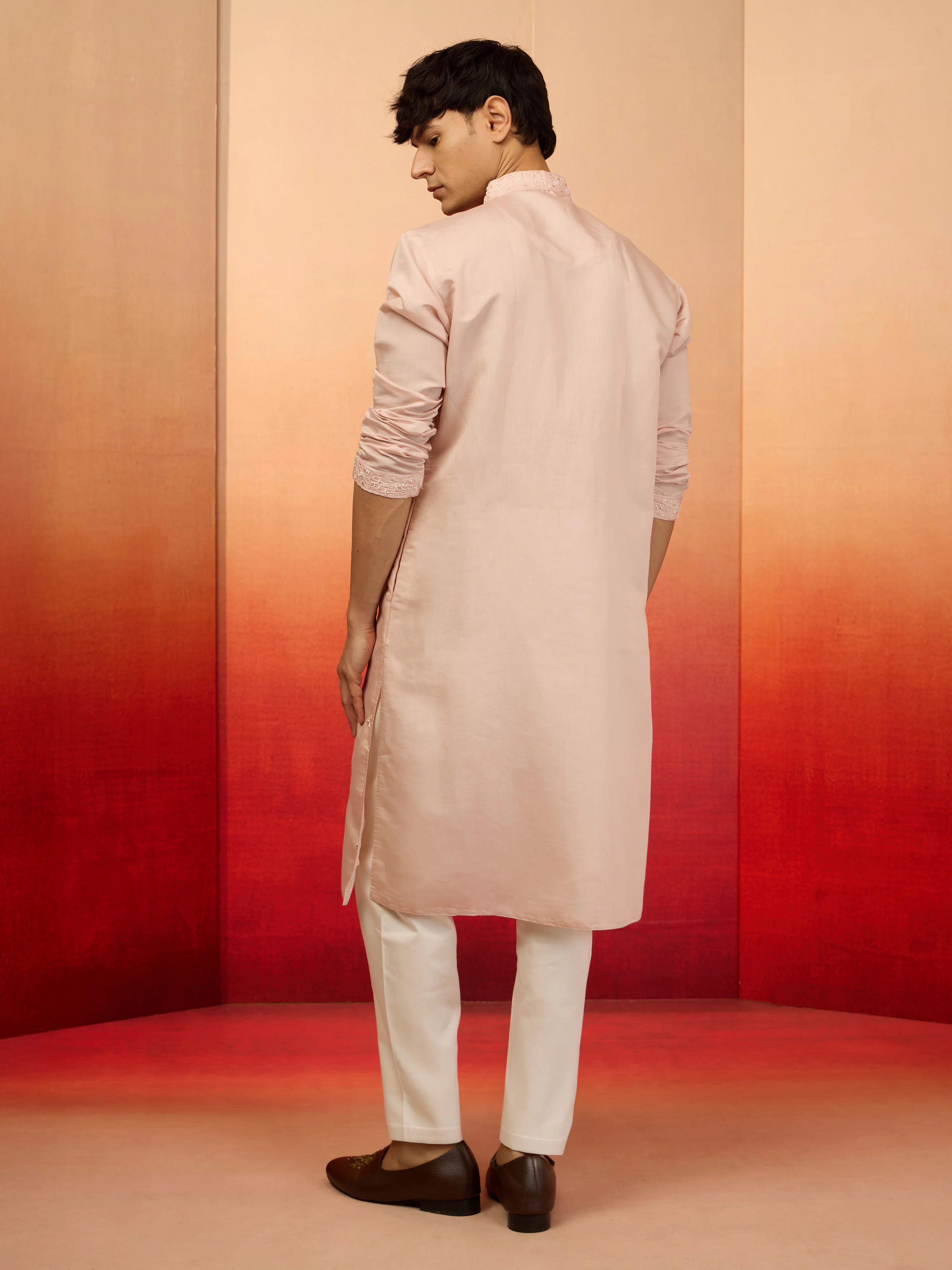 Men's Peach Silk Blend Embroidered Kurta with Cream Pyjama - Image 5