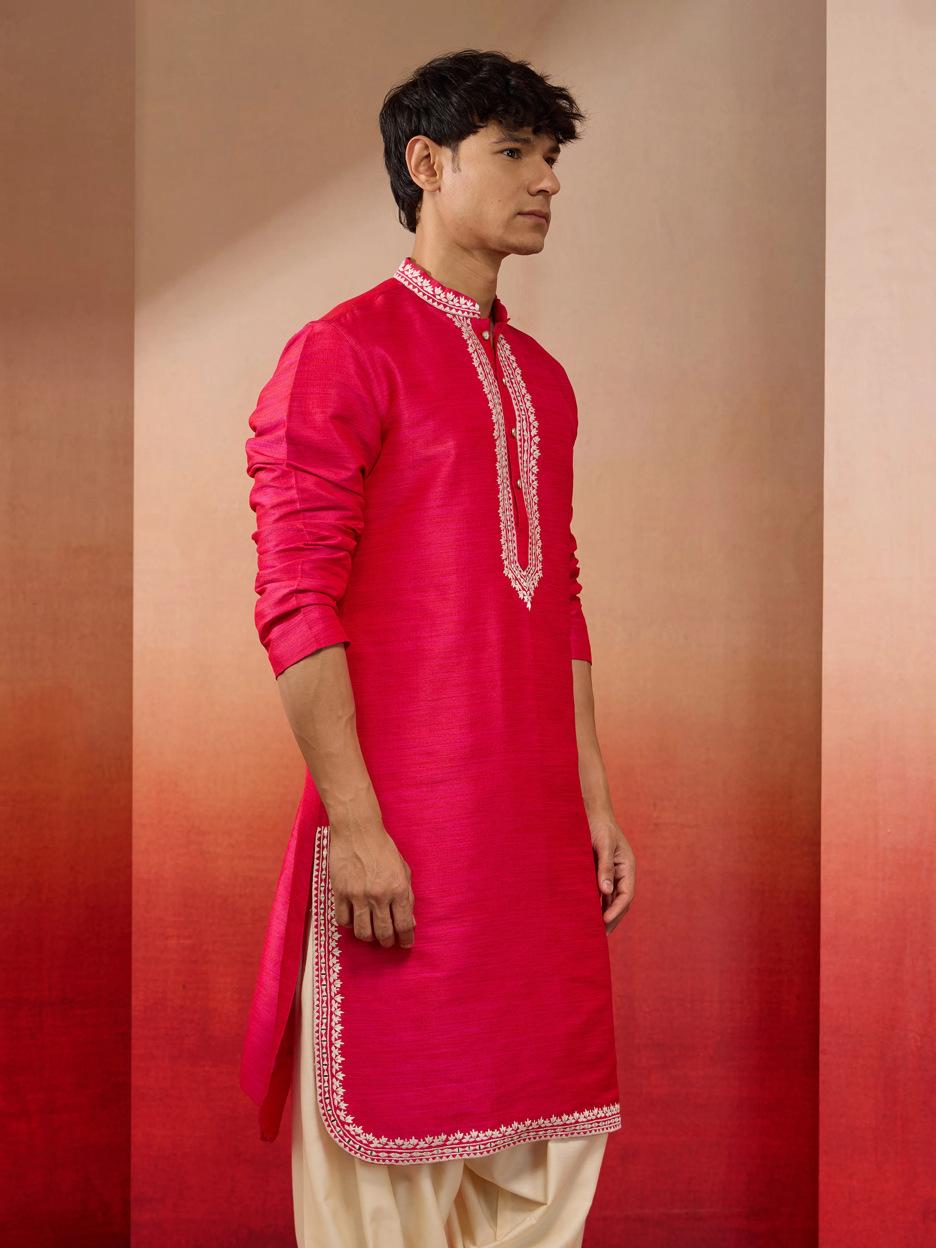 Men's Pink Hand Embroidered Silk Kurta - Image 3