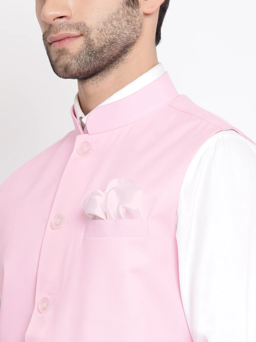Men's Pink Solid Classic Royal Cotton Blend Nehru Jacket - Image 4