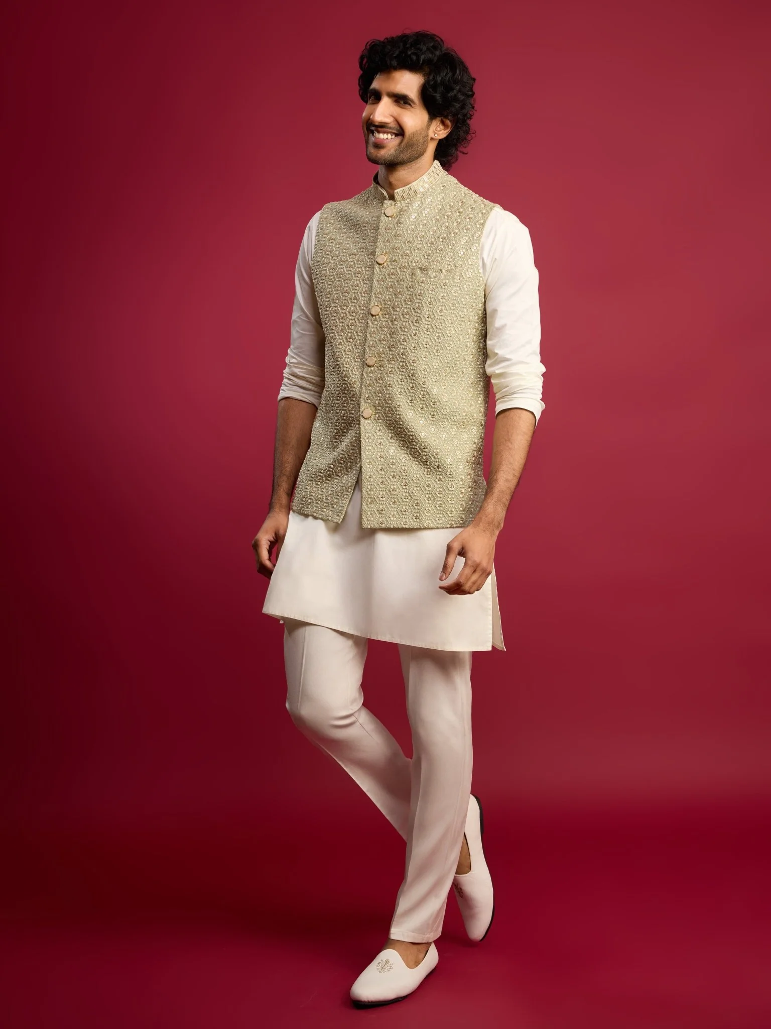Men's Pista Green Sequin & Thread Embroidered Nehru Jacket with Cream Satin Kurta & Pants Set - Image 3