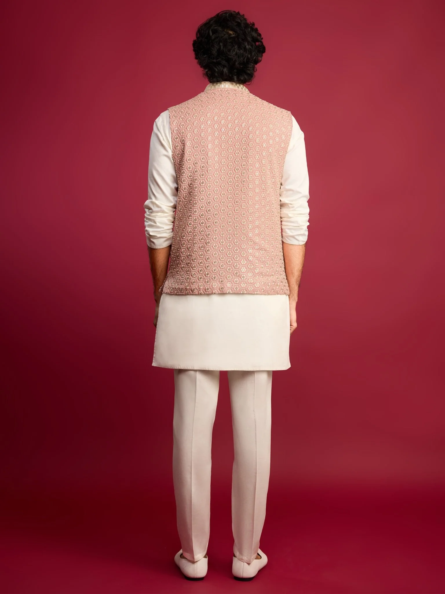 Men's Pista Green Sequin & Thread Embroidered Nehru Jacket with Cream Satin Kurta & Pants Set - Image 5