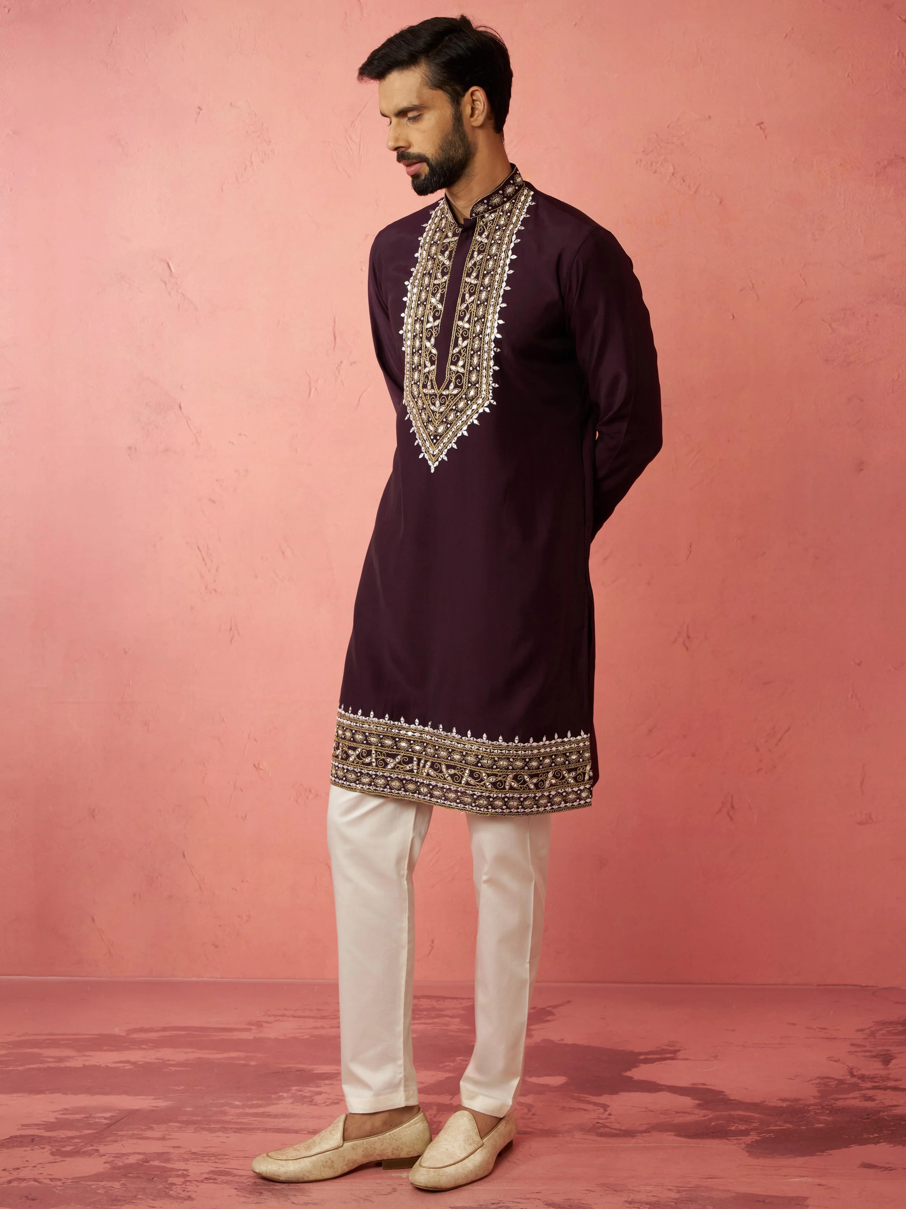 Men's Purple Chanderi Kurta Set with Cream Pyjama - Image 4