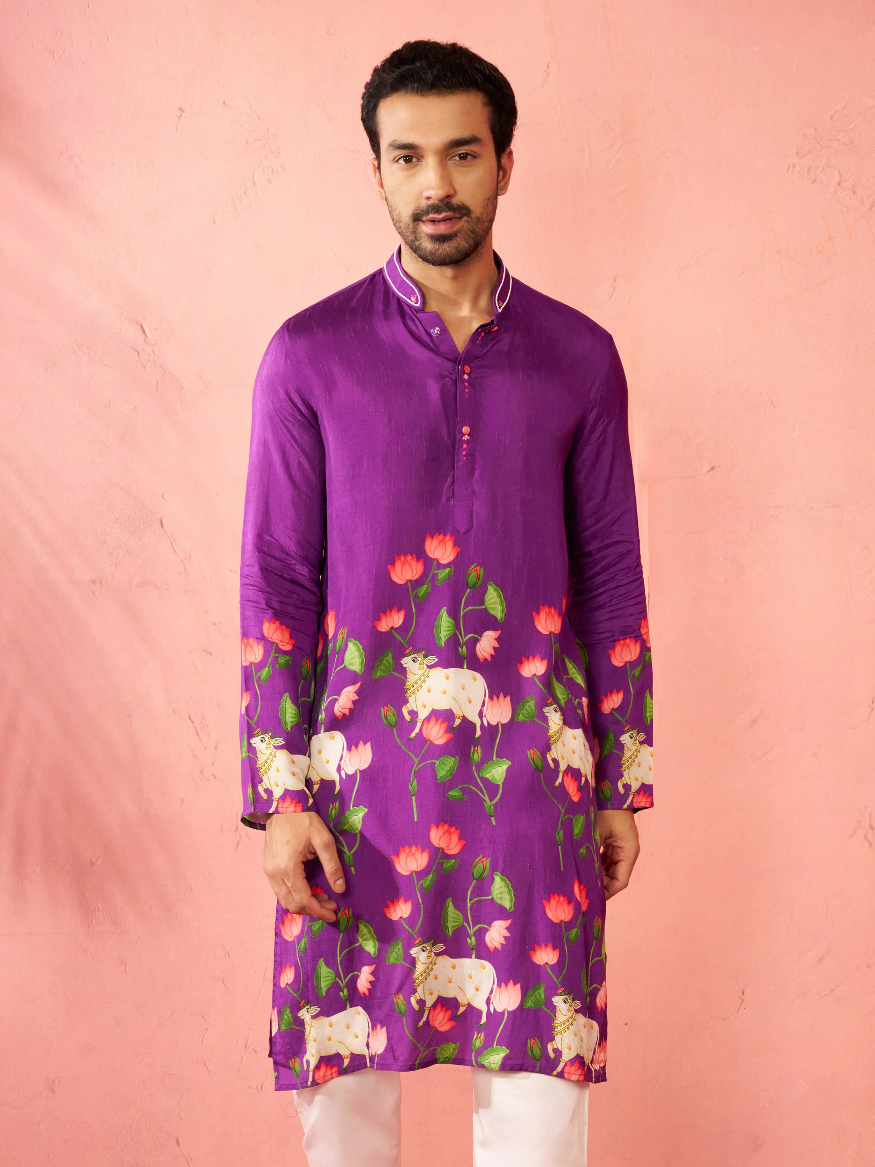Men's Purple Digital Print Long Kurta - Image 3