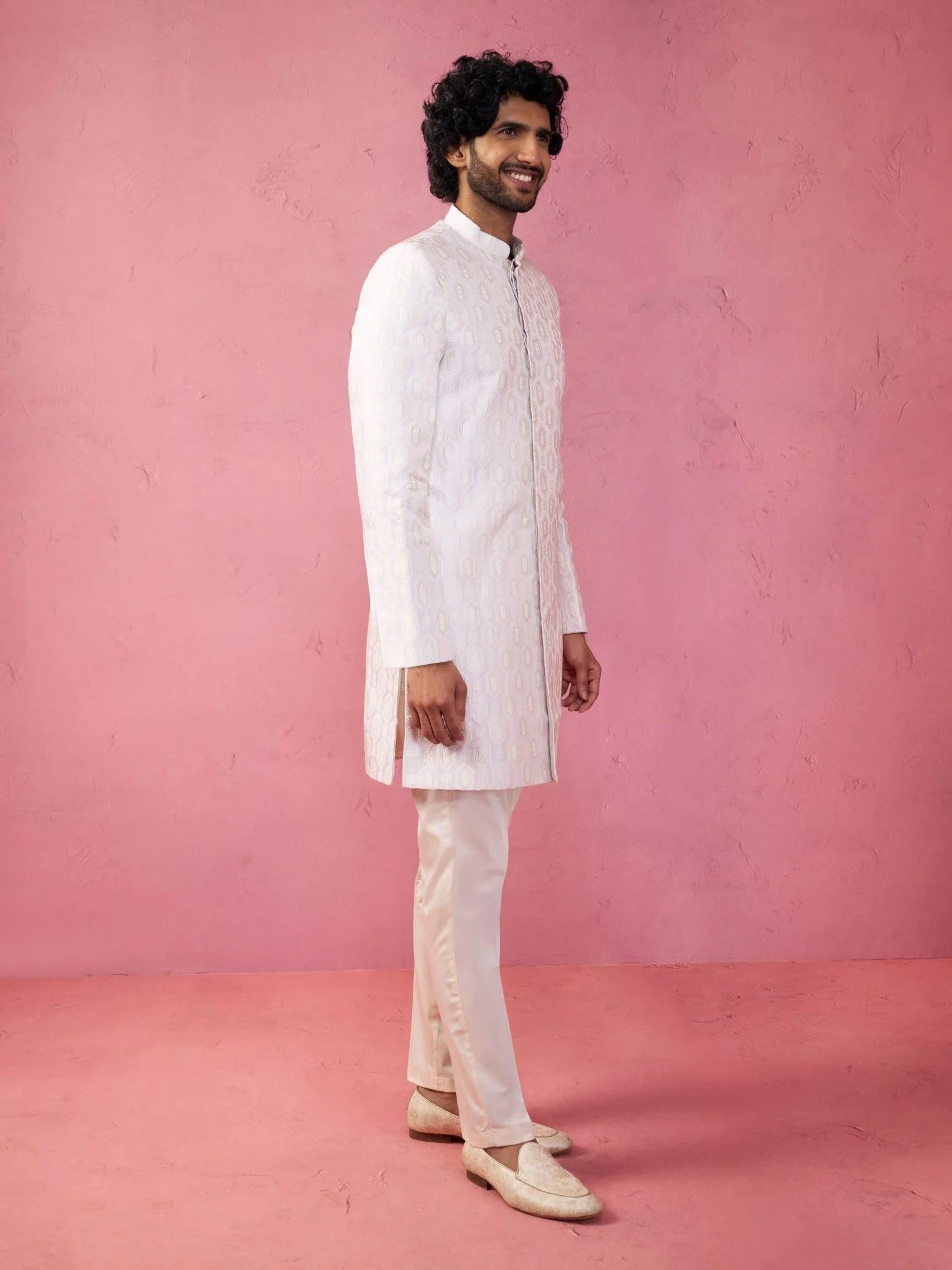 Men's Purple Jacquard Indo-Western Kurta with Cream Trousers - Image 4