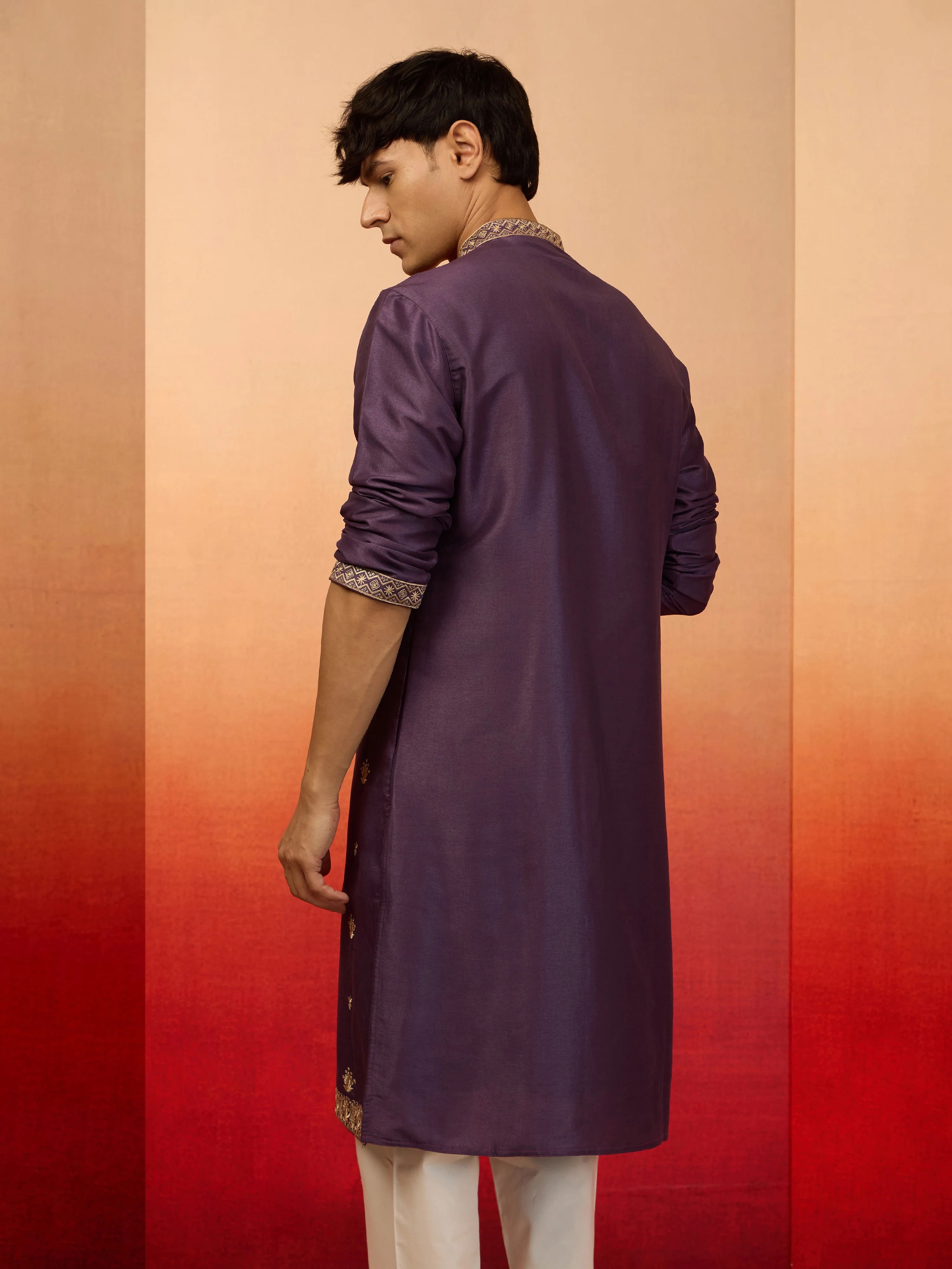 Men's Purple Resham Embroidered Silk Kurta - Image 5