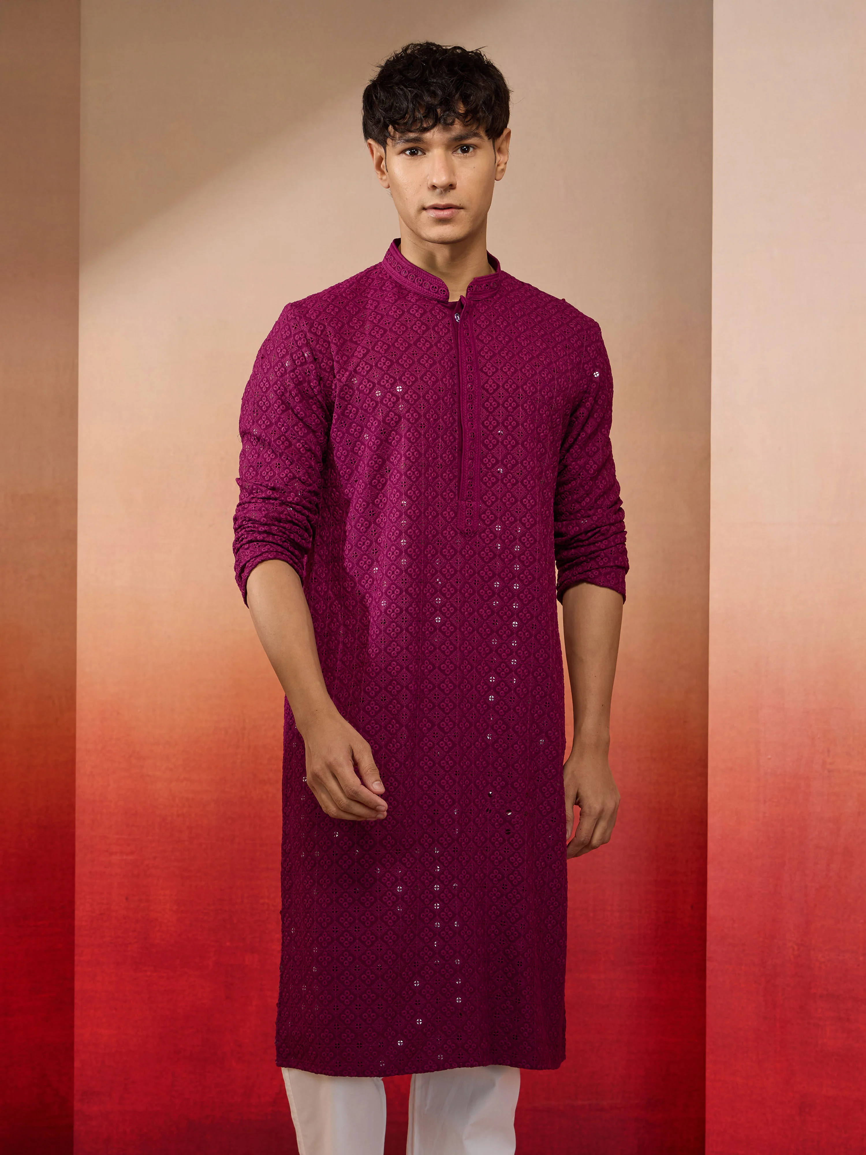 Men's Purple Sequin Embroidered Long Kurta - Image 3