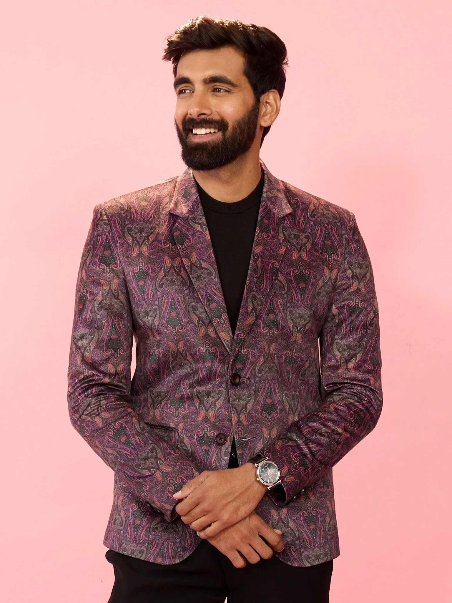 Men's Purple Velvet Paisley Digital Print Notch Collar Wedding Blazer - Image 4