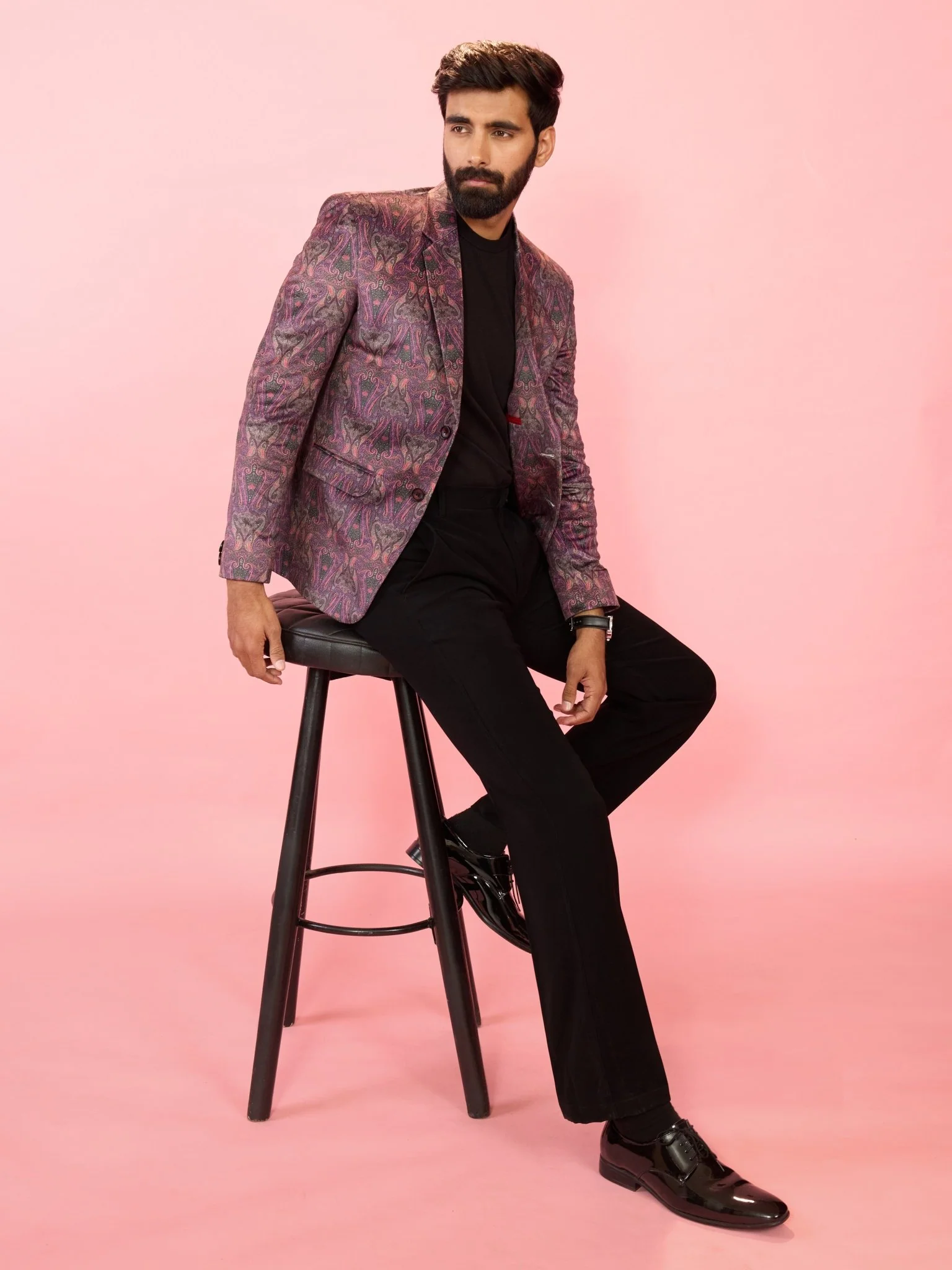 Men's Purple Velvet Paisley Digital Print Notch Collar Wedding Blazer - Image 6