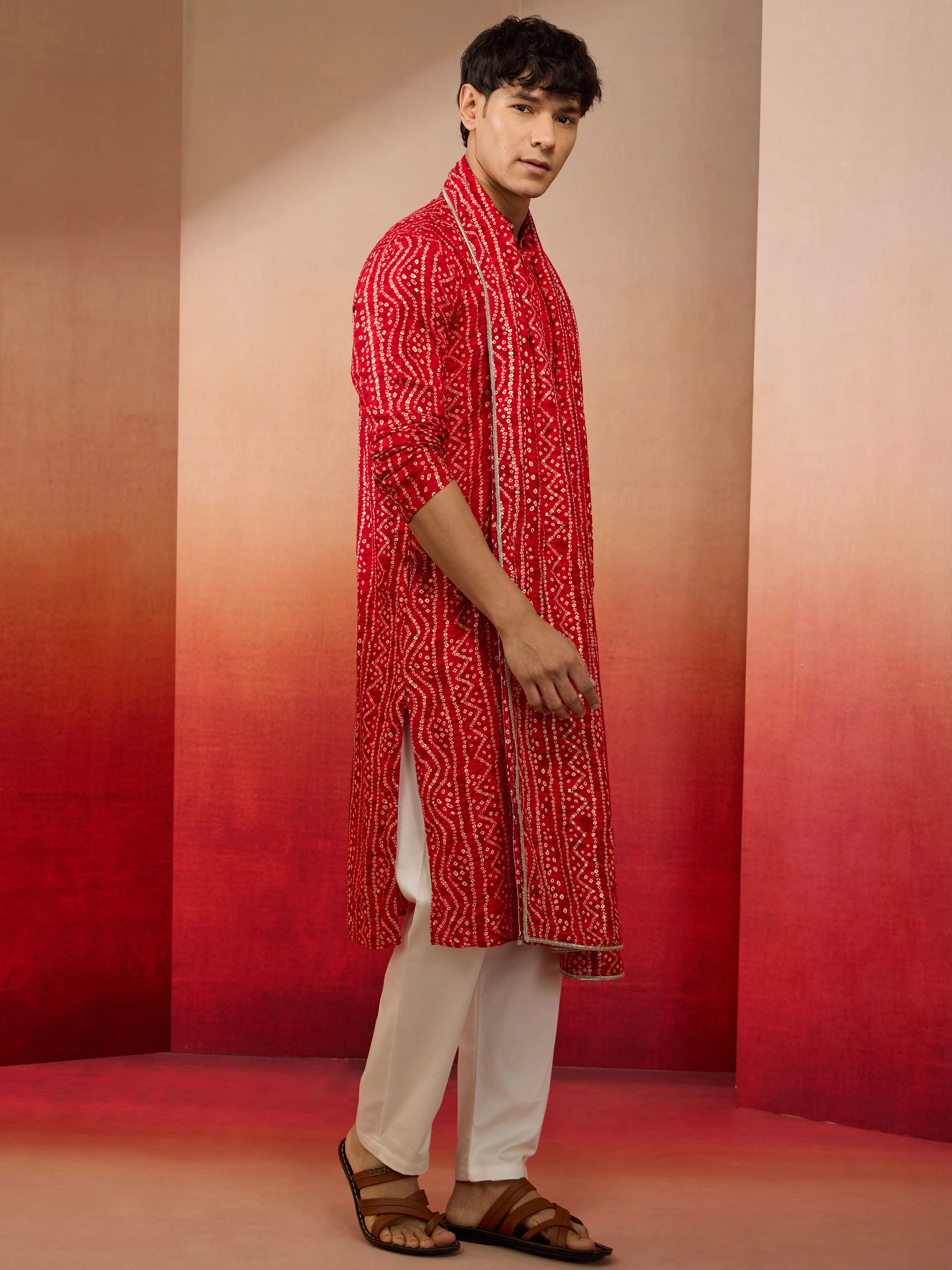 Mens Red Bandhani Kurta Set with Cream Pant and Dupatta - Image 4
