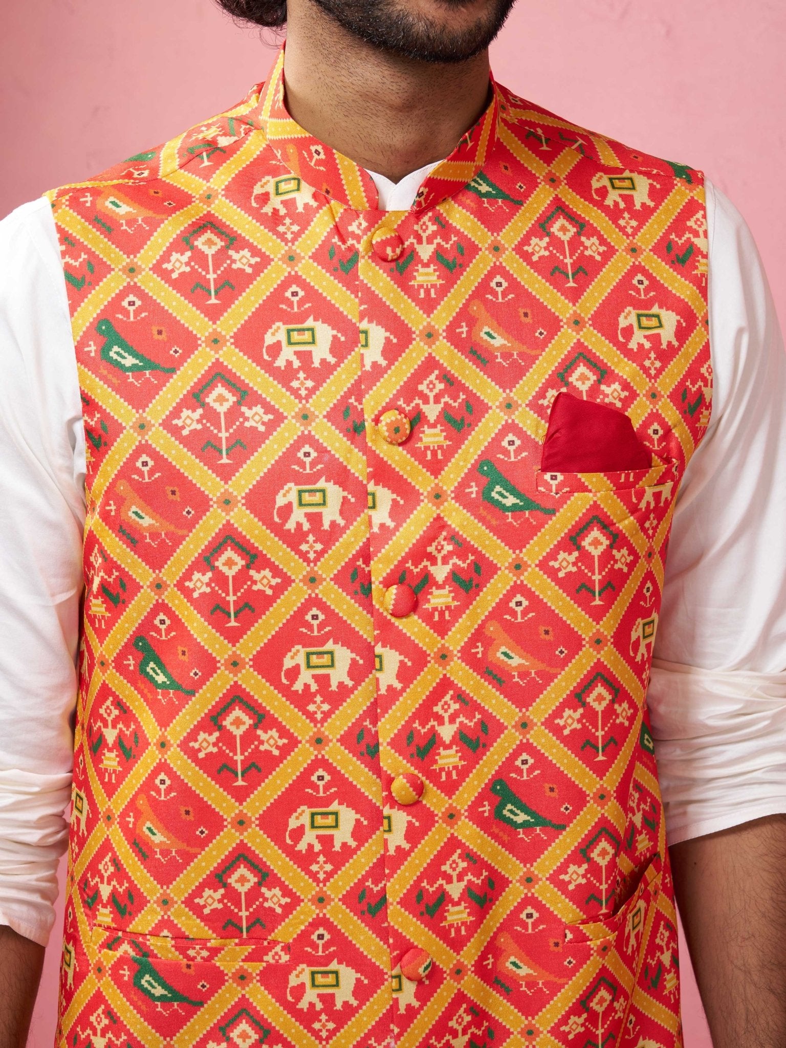 Men's Red Patola Print Nehru Jacket with Cream Kurta Pyjama - Image 2