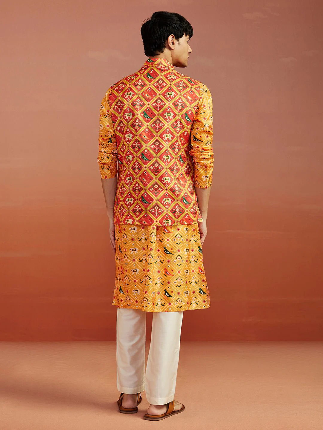 Men's Red Patola Print Nehru Jacket with Yellow Silk Kurta & Cream Pyjama - Image 5