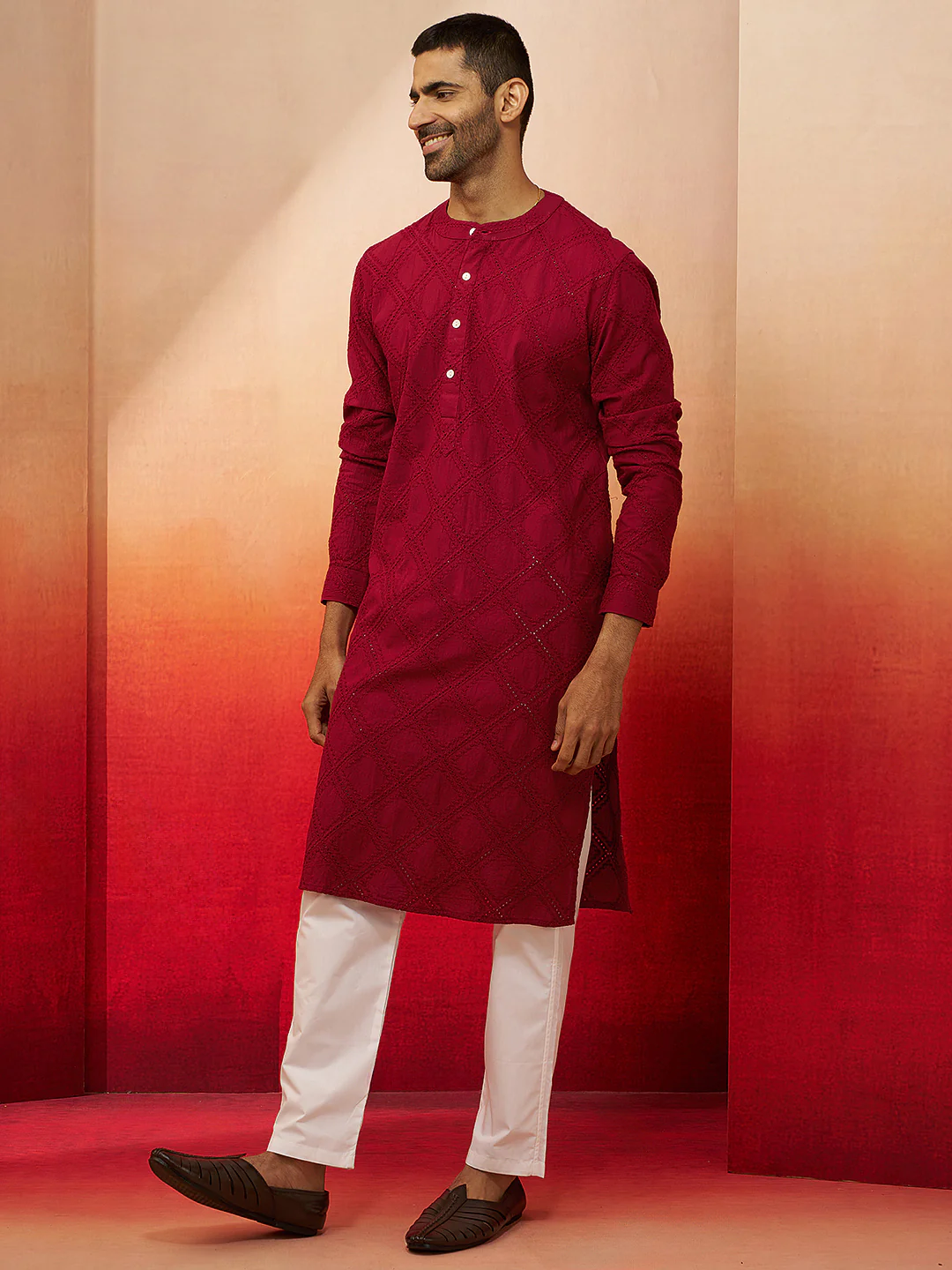 Men's Red Thread Embroidered Kurta with Pyjama - Image 3