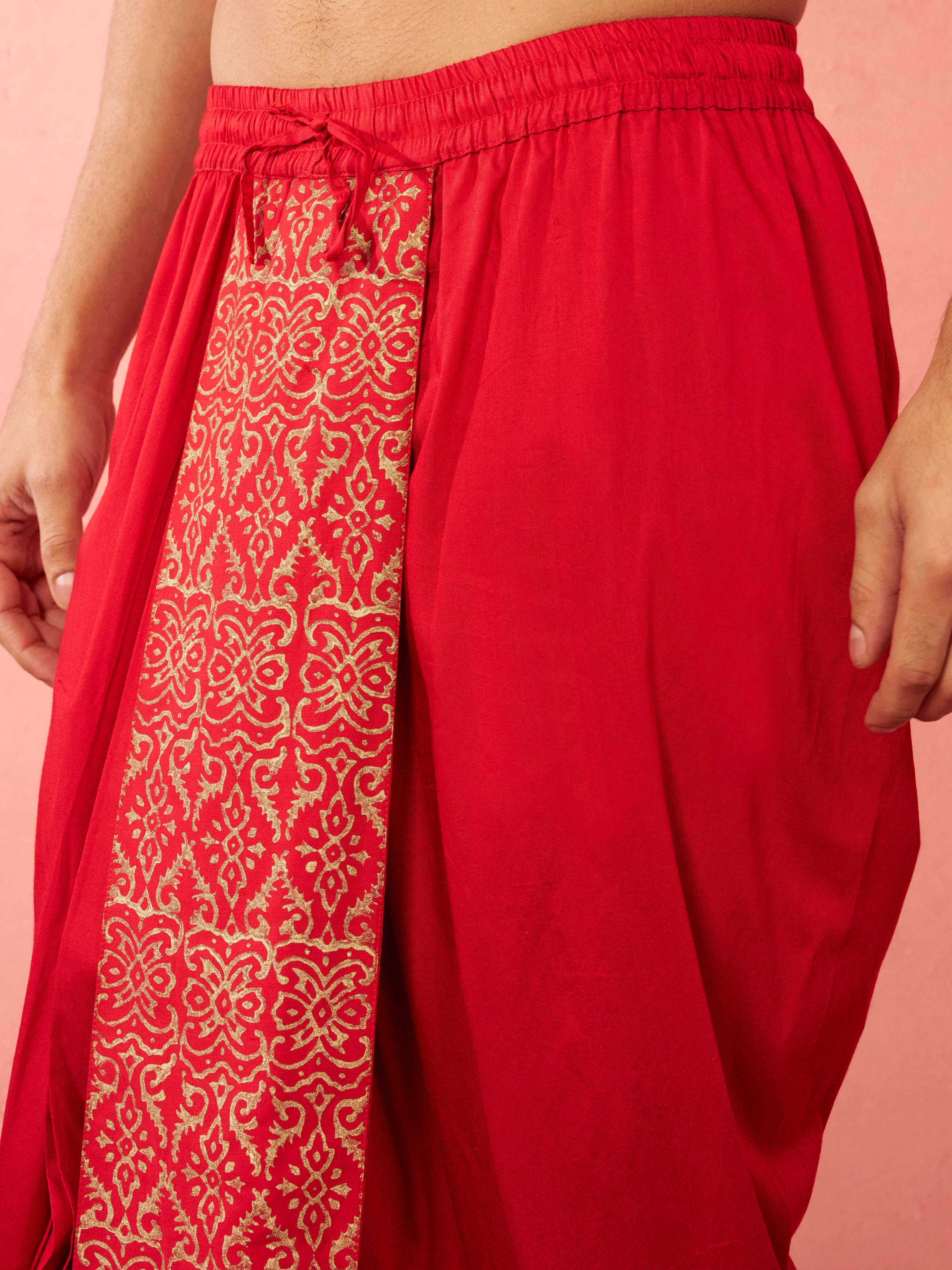 Men's Red Viscose Dhoti Traditional Border Print - Image 2