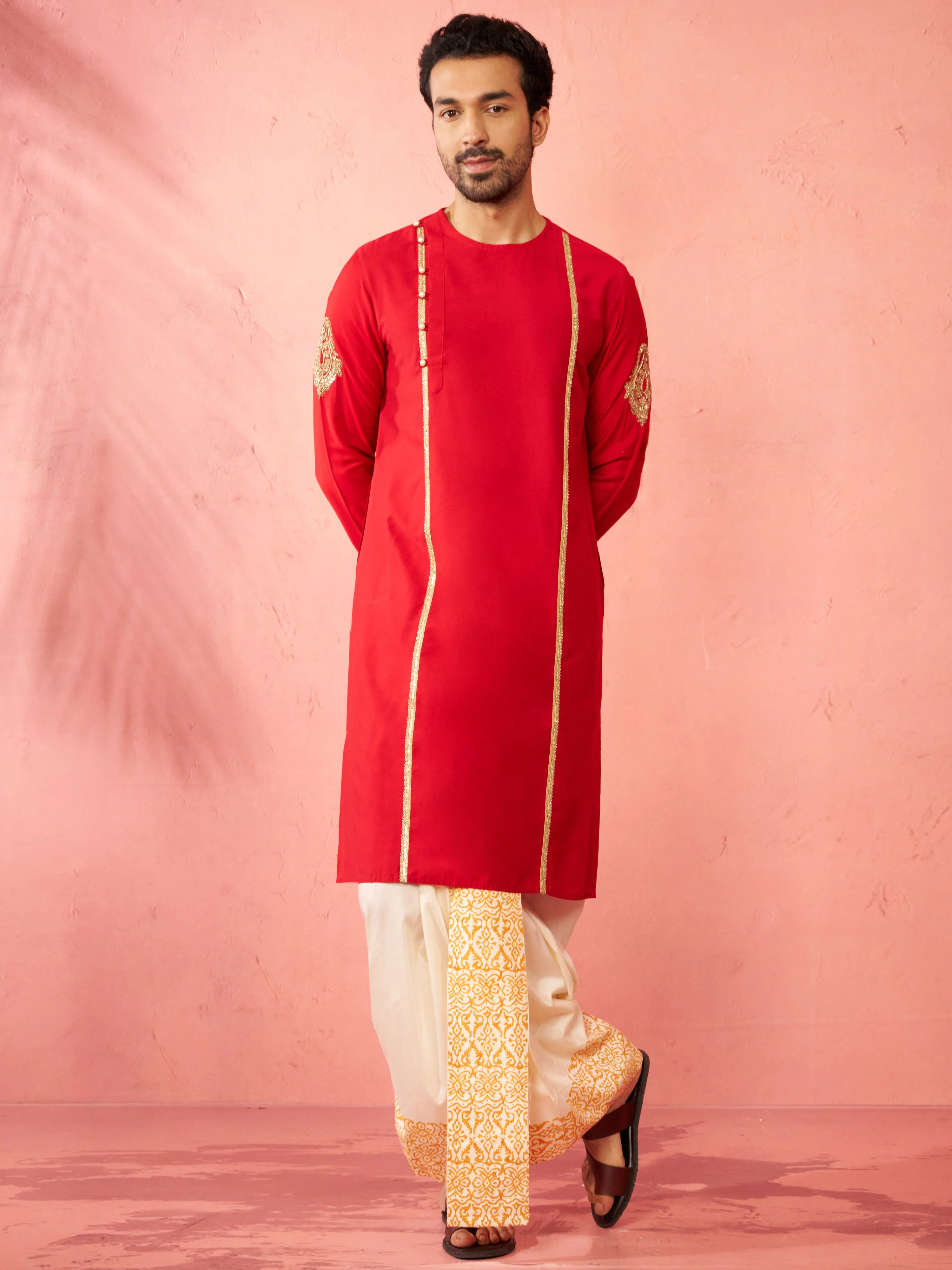 Mens Red Zardozi Kurta Cream Dhoti Set - Image 3