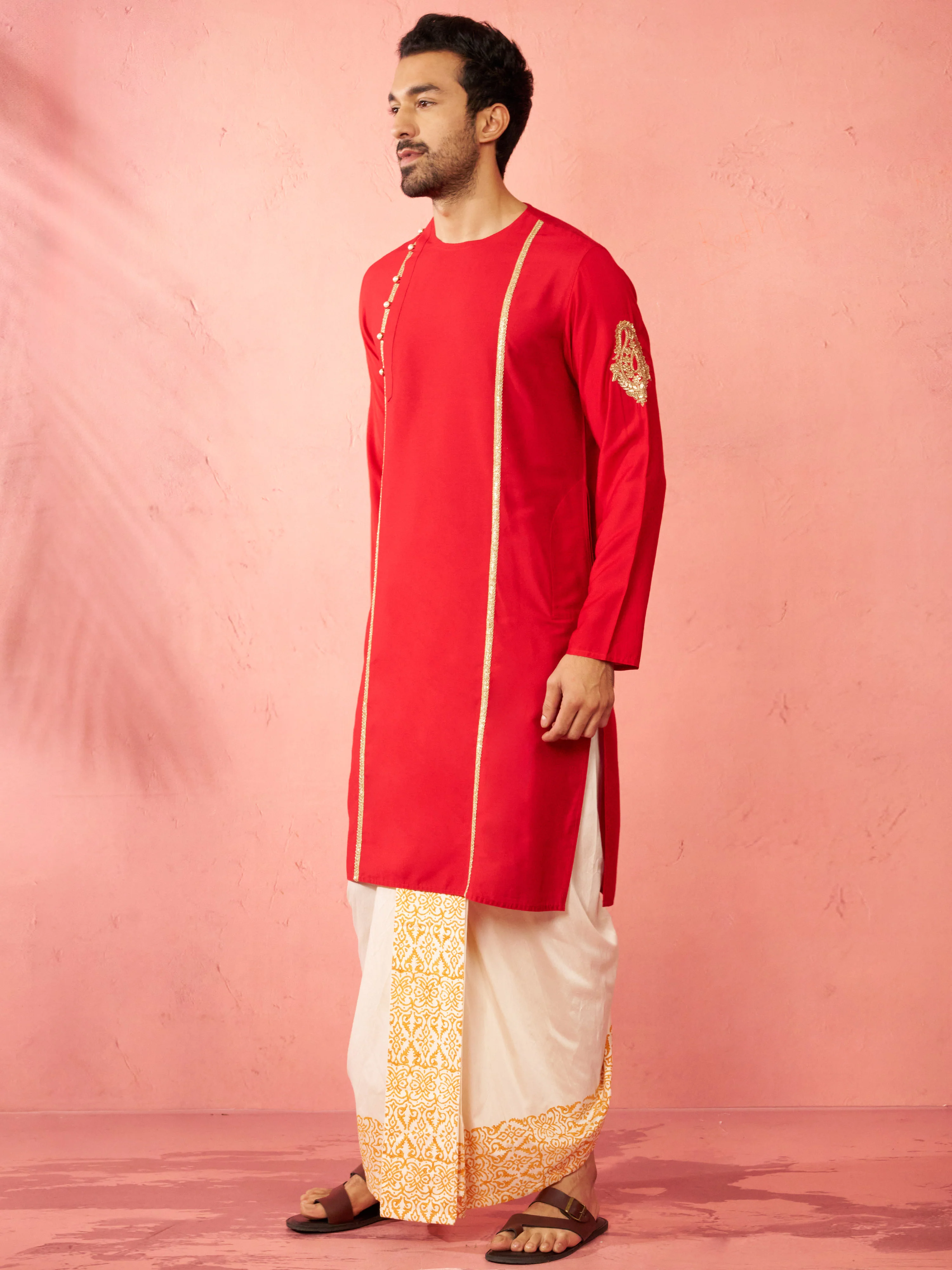 Mens Red Zardozi Kurta Cream Dhoti Set - Image 4