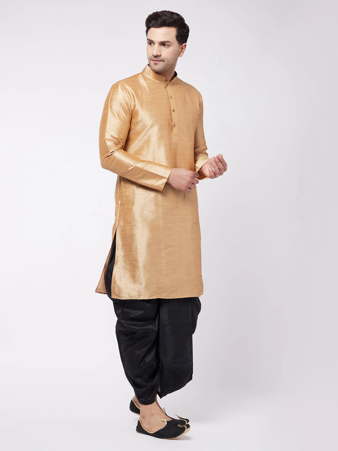 Men's Rose Gold And Black Silk Blend Kurta And Dhoti Set - Image 3
