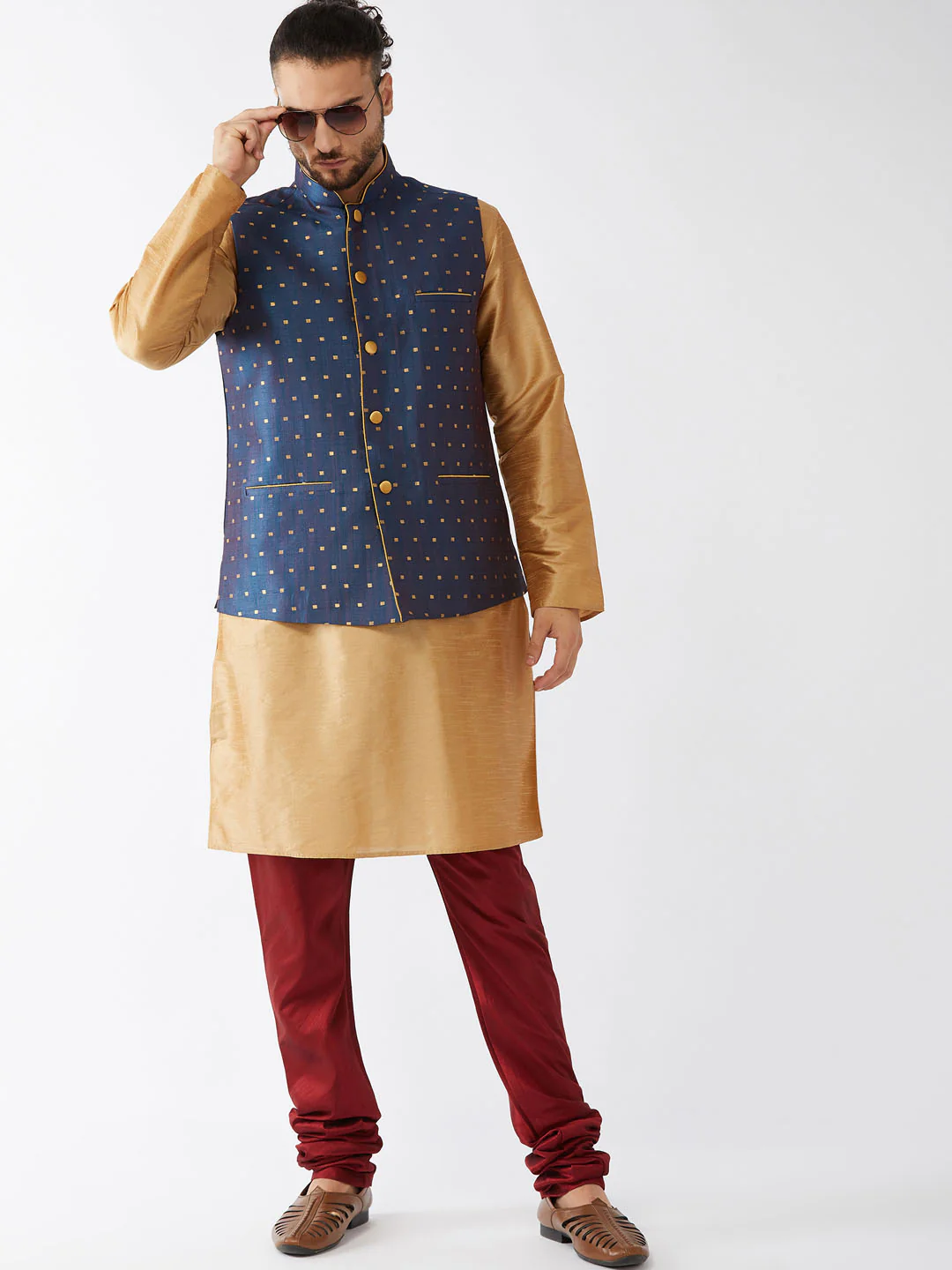 Men's Blue Zari Weaved Jacket With Kurta Pyjama Set - Image 6