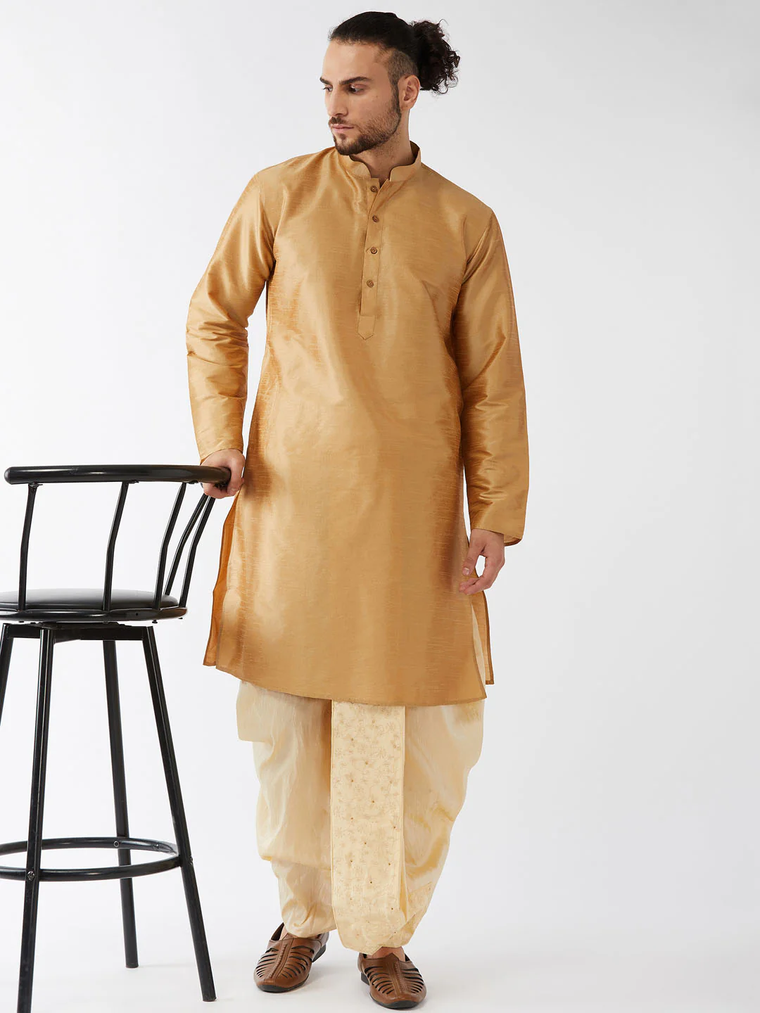 Men's Rose Gold And Gold Silk Blend Kurta And Dhoti Set - Image 6