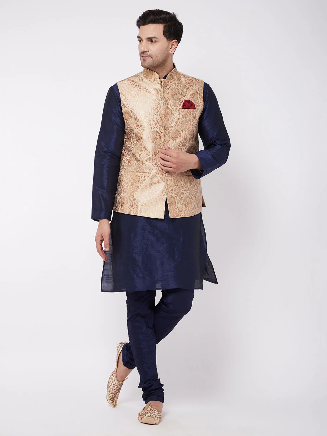 Men's Rose Gold Jacquard Jacket With Kurta Pyjama Set - Image 2
