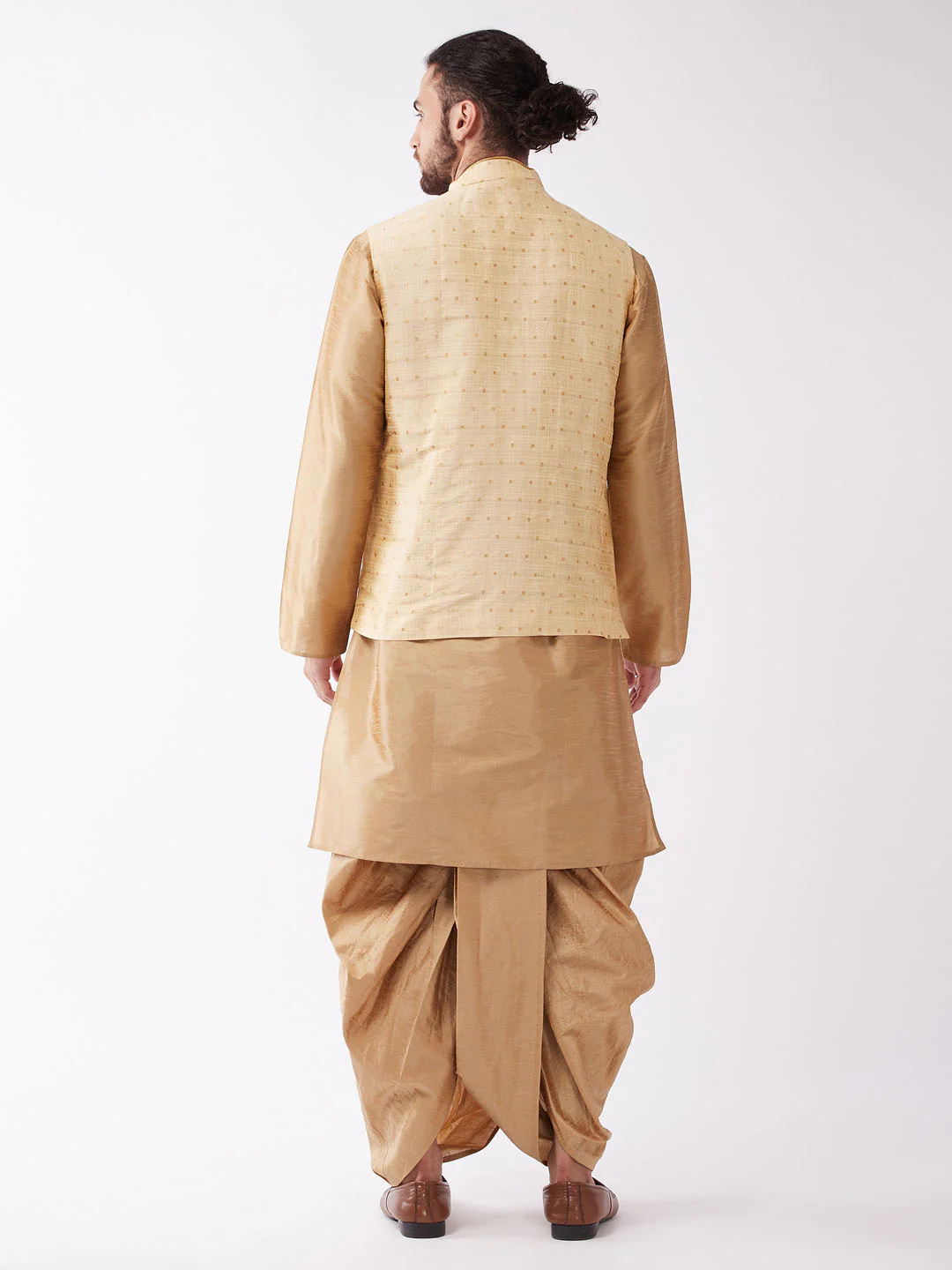 Men's Gold Zari Weaved Jacket With Kurta Dhoti Set - Image 3