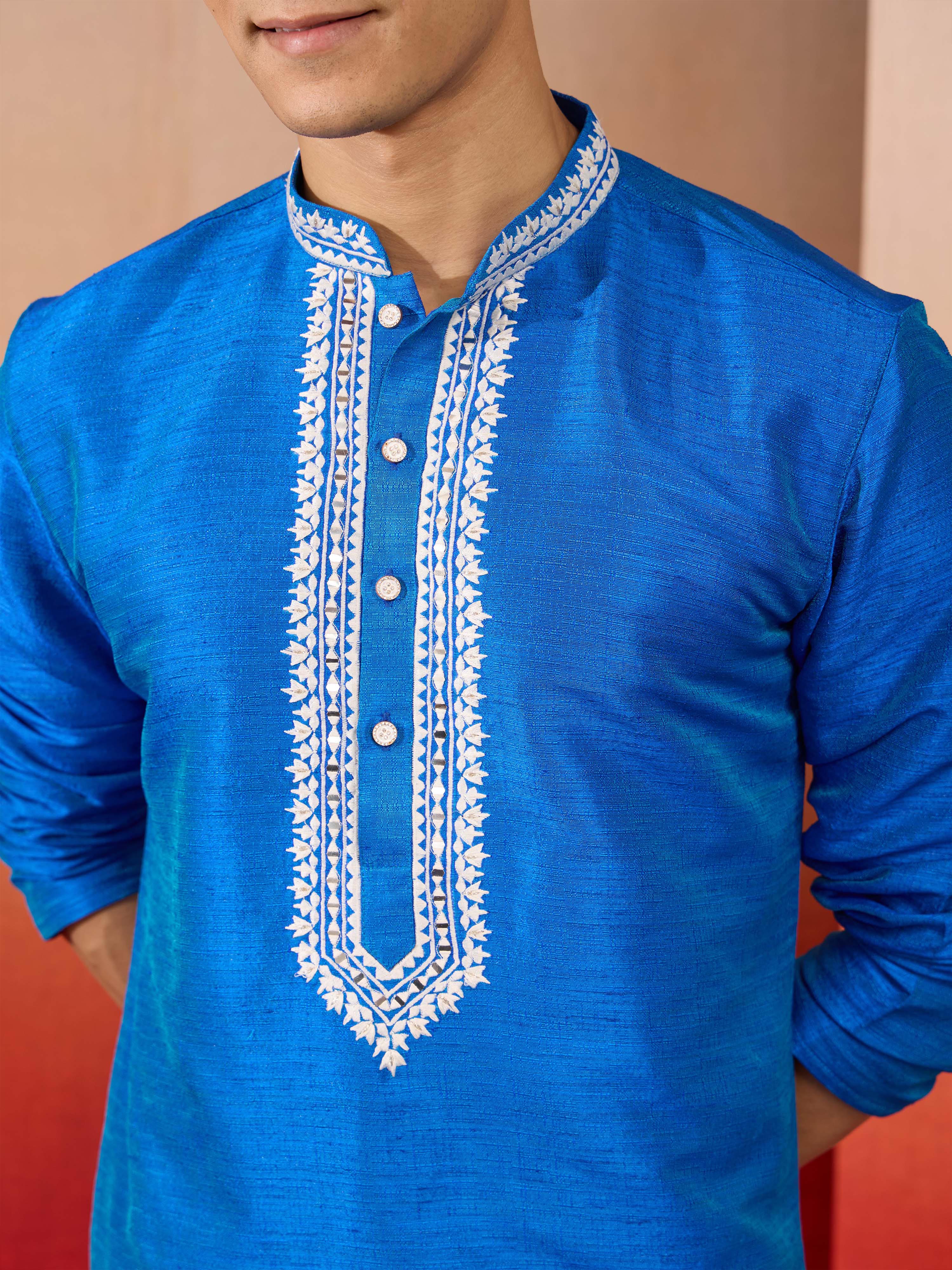 Men's Royal Blue Hand Embroidered Silk Kurta - Image 2