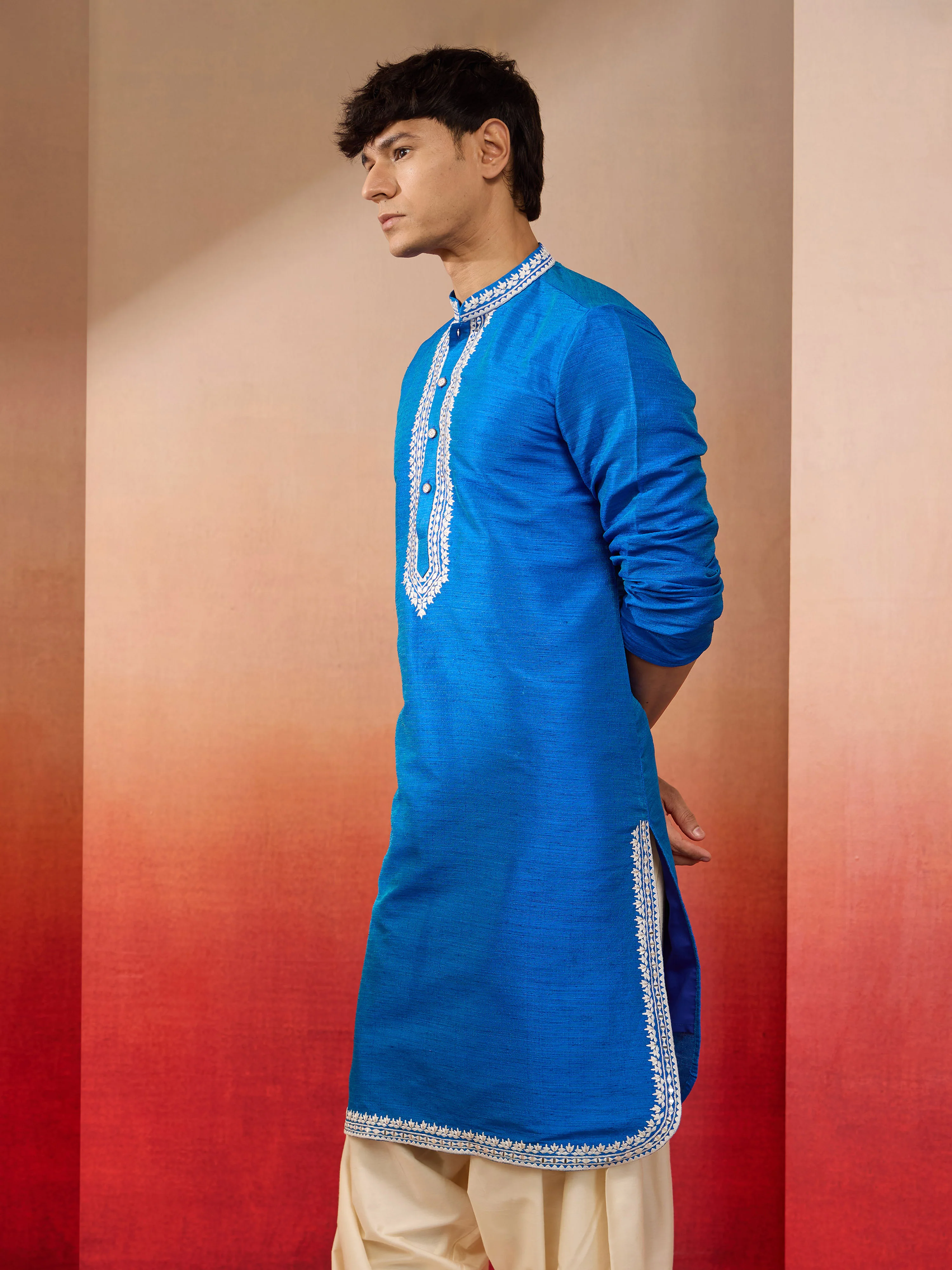 Men's Royal Blue Hand Embroidered Silk Kurta - Image 3