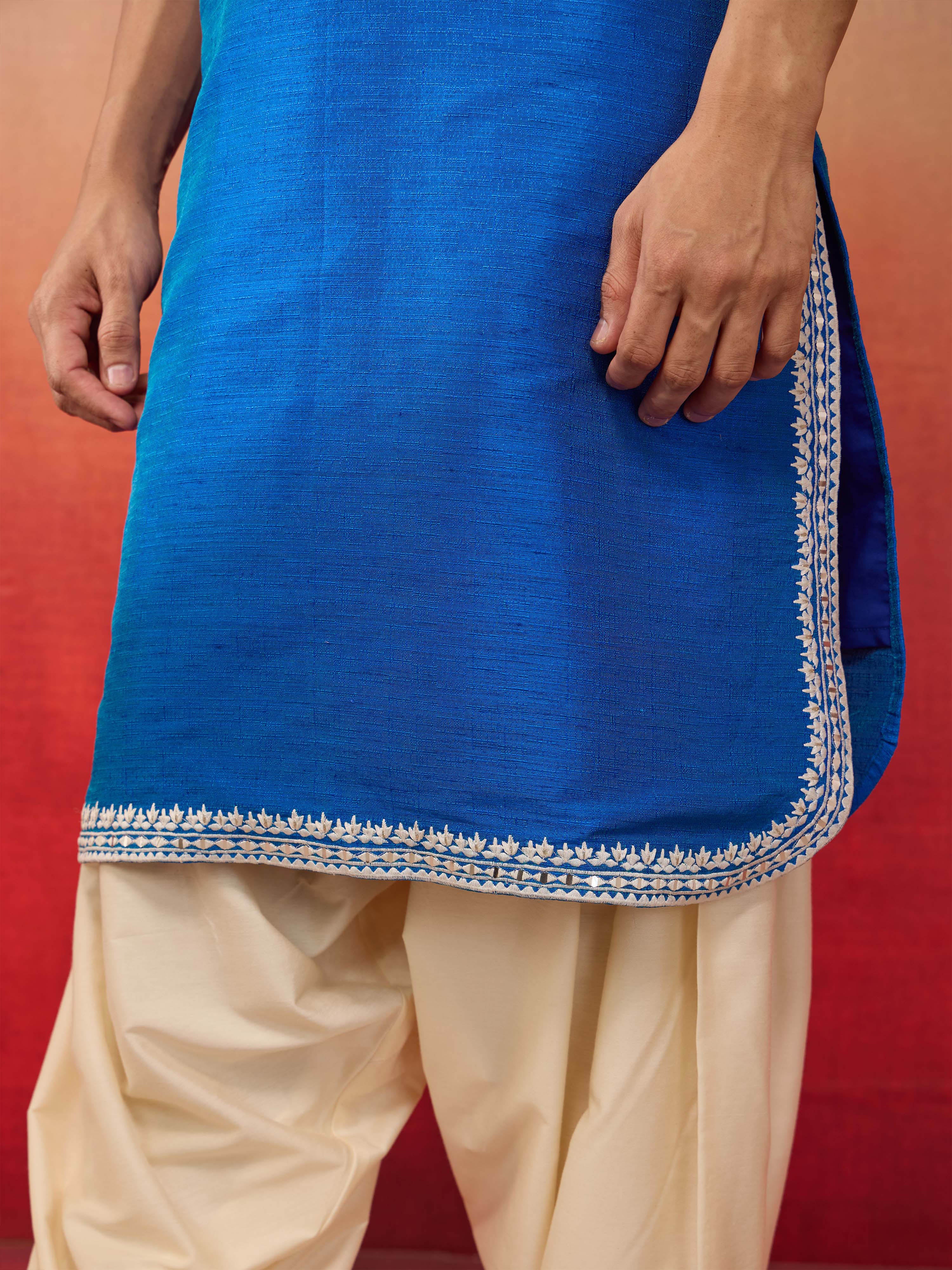 Men's Royal Blue Hand Embroidered Silk Kurta - Image 6