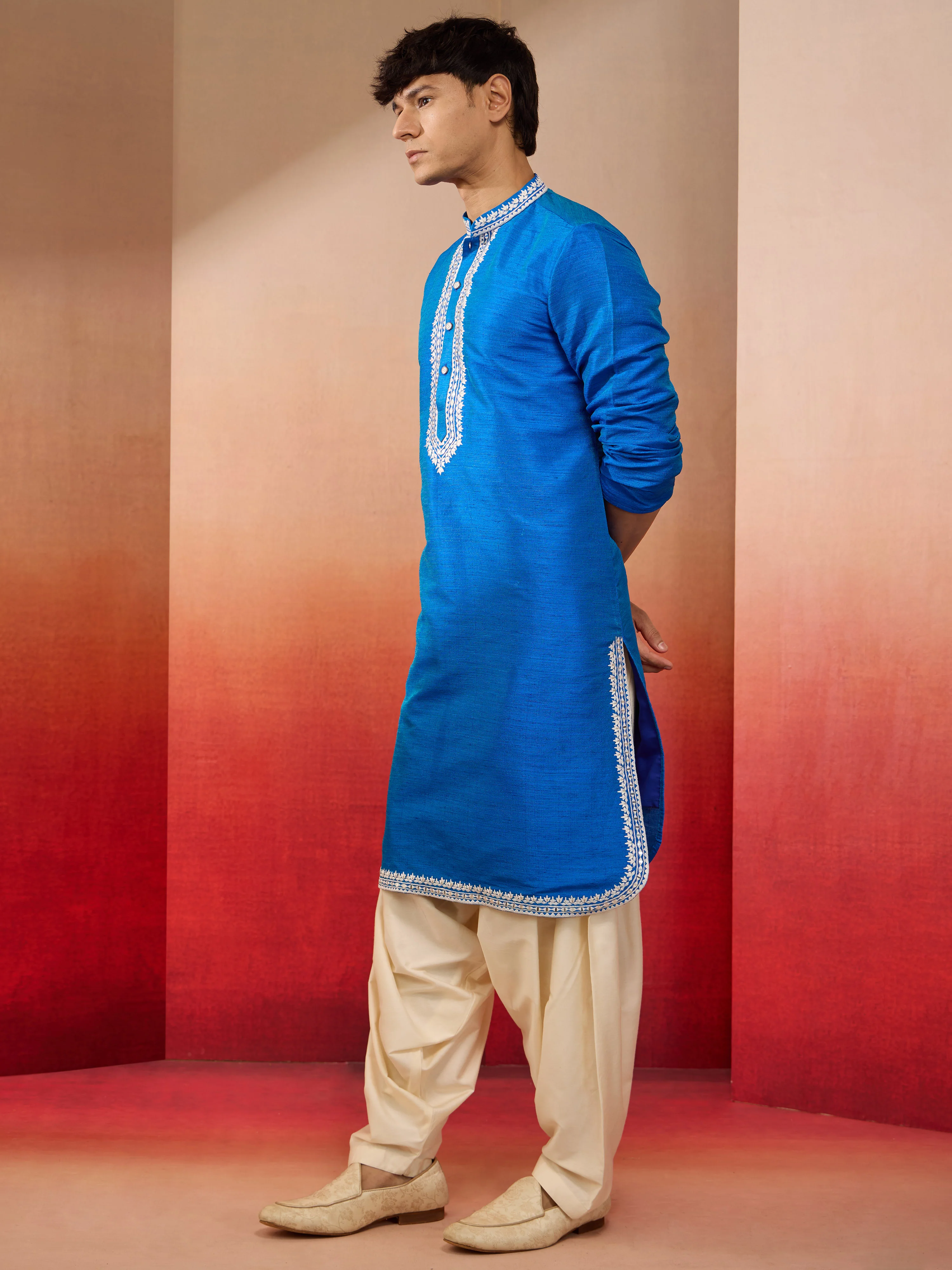 Men's Royal Blue Phantom Silk Hand Embroidered Kurta with Cream Patiala - Image 3