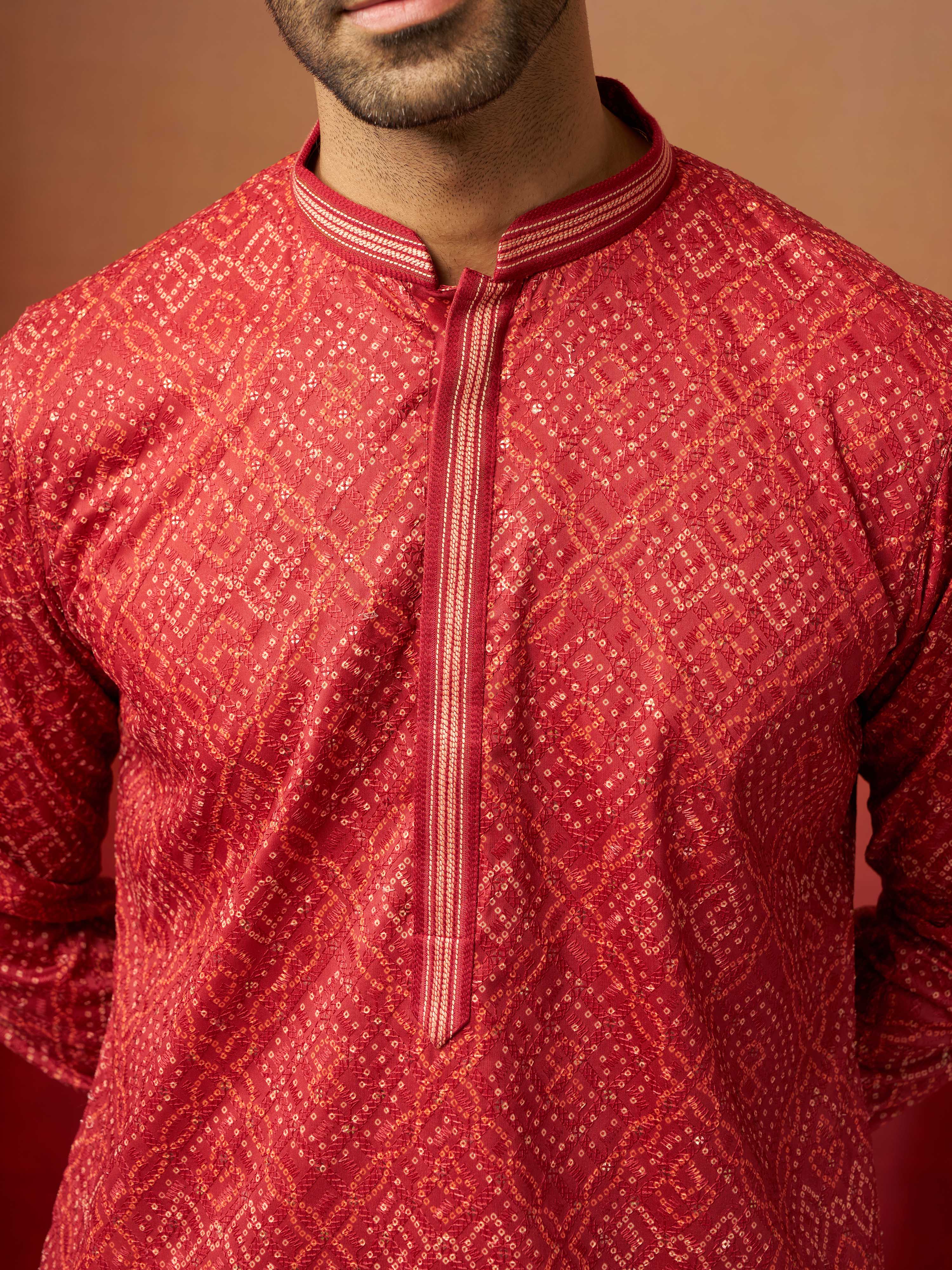 Men's Rust Bandhani Kurta with Pyjama - Image 2