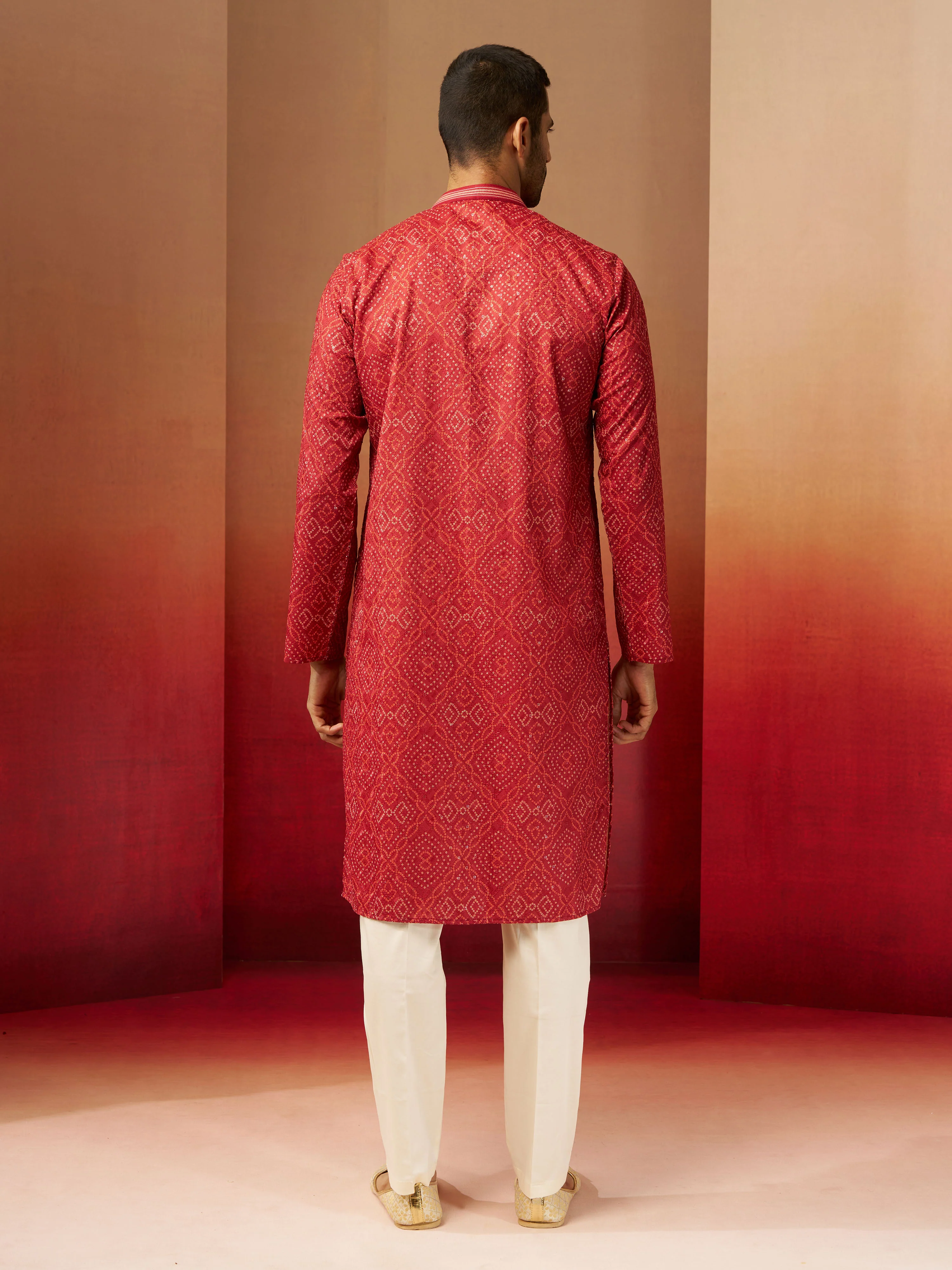 Men's Rust Bandhani Kurta with Pyjama - Image 5
