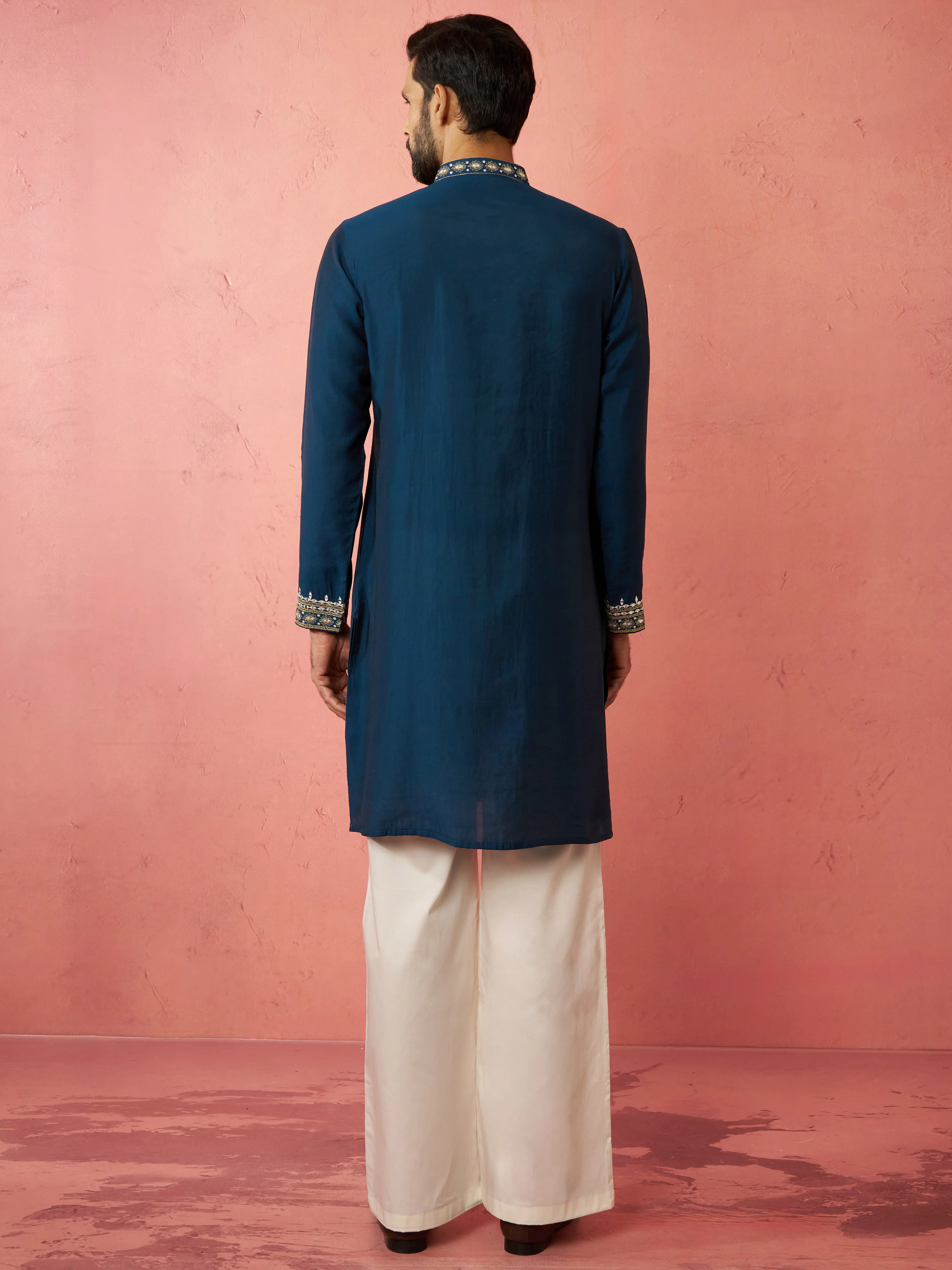 Men's Turquoise Chanderi Kurta Set with Cream Pant - Image 5