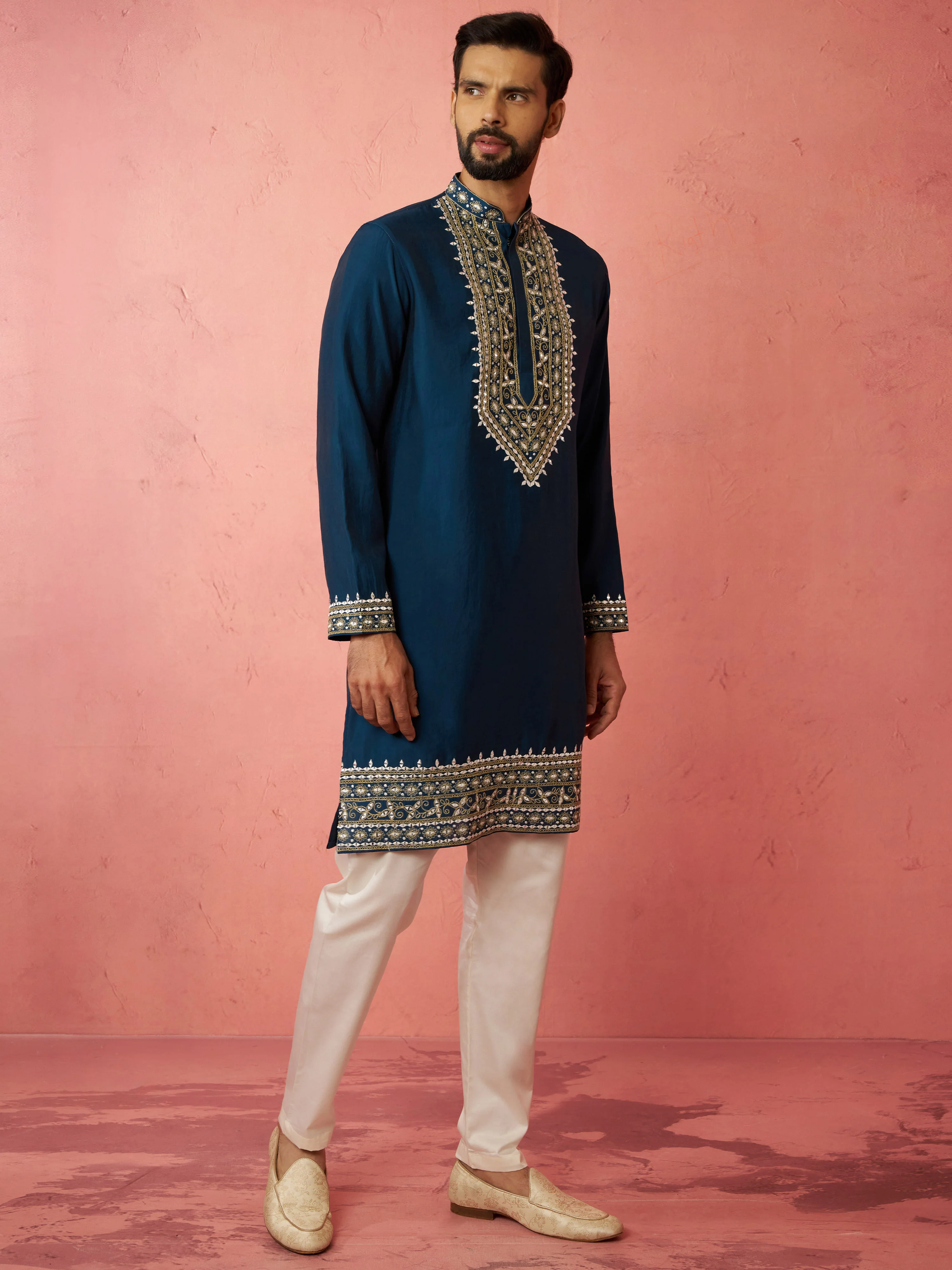 Men's Turquoise Chanderi Kurta Set with Cream Pyjama - Image 4