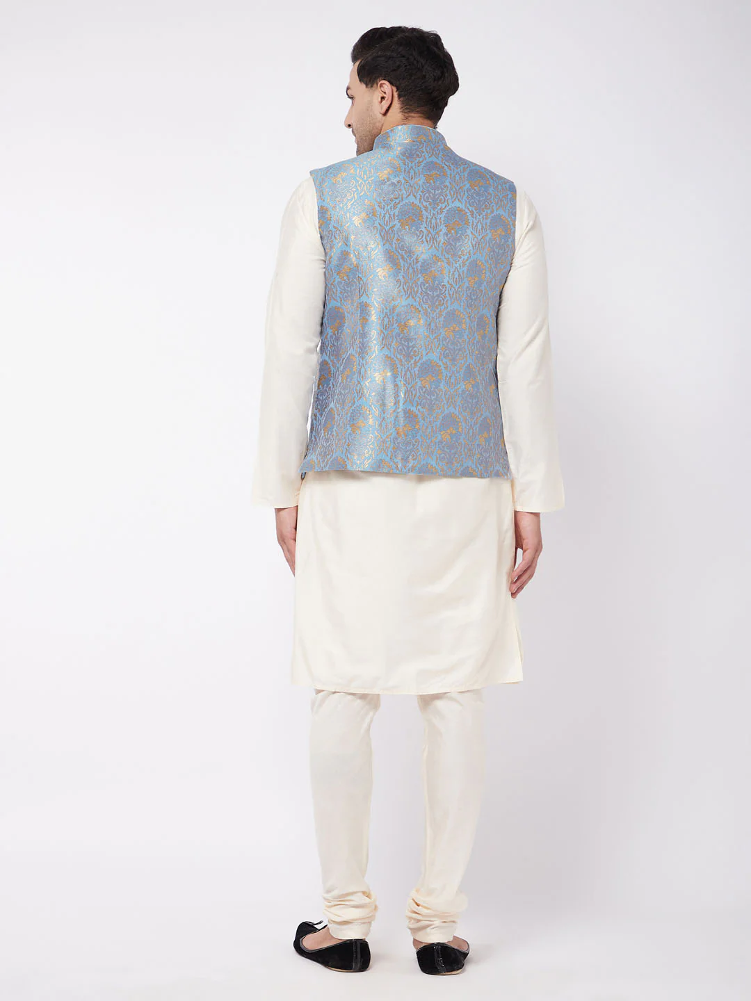 Men's Viscose Cream Kurta And Pyjama With Grey Woven Nehru Jacket - Image 3