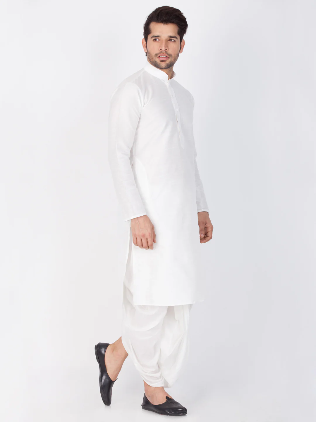 Men's White Cotton Silk Blend Kurta and Dhoti Pant Set - Image 2