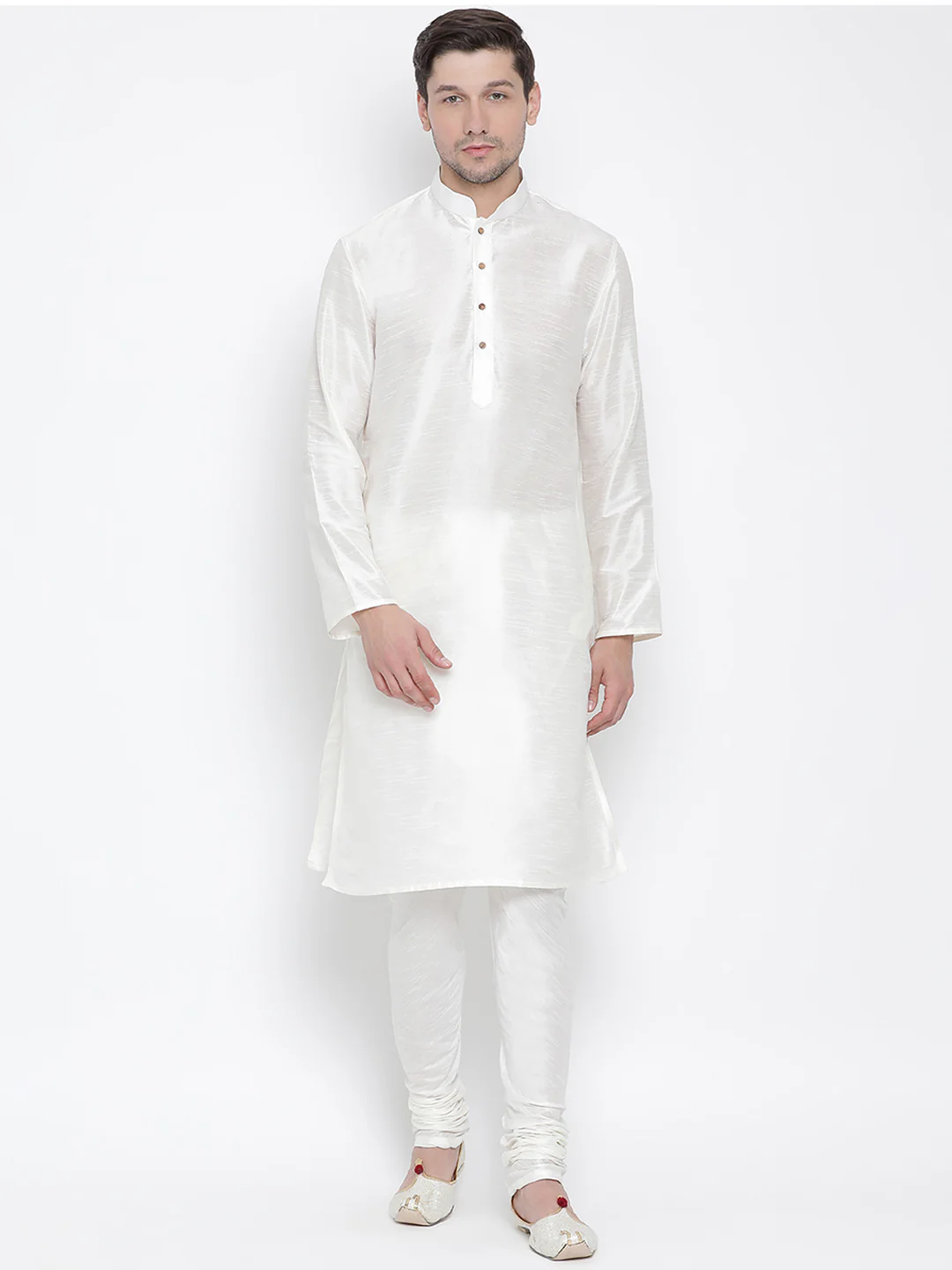VASTRAMAY Men's White Cotton Silk Blend Kurta and Pyjama Set