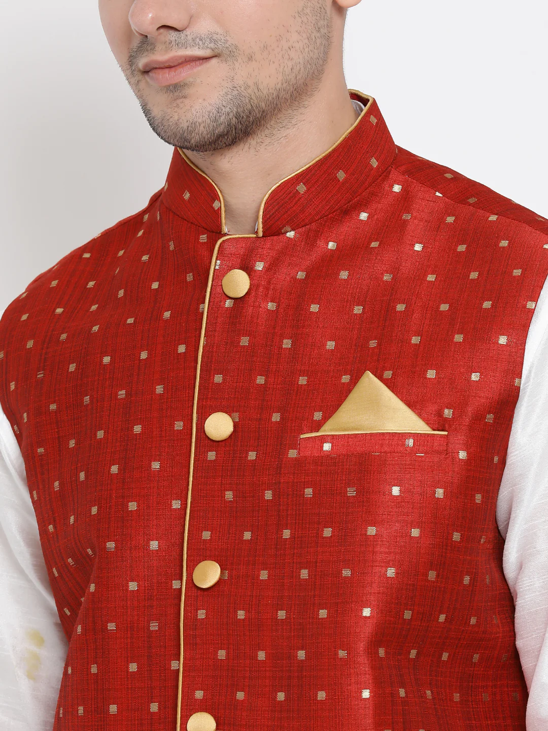Men's Maroon Zari Weaved Jacket With Kurta Pyjama Set - Image 3