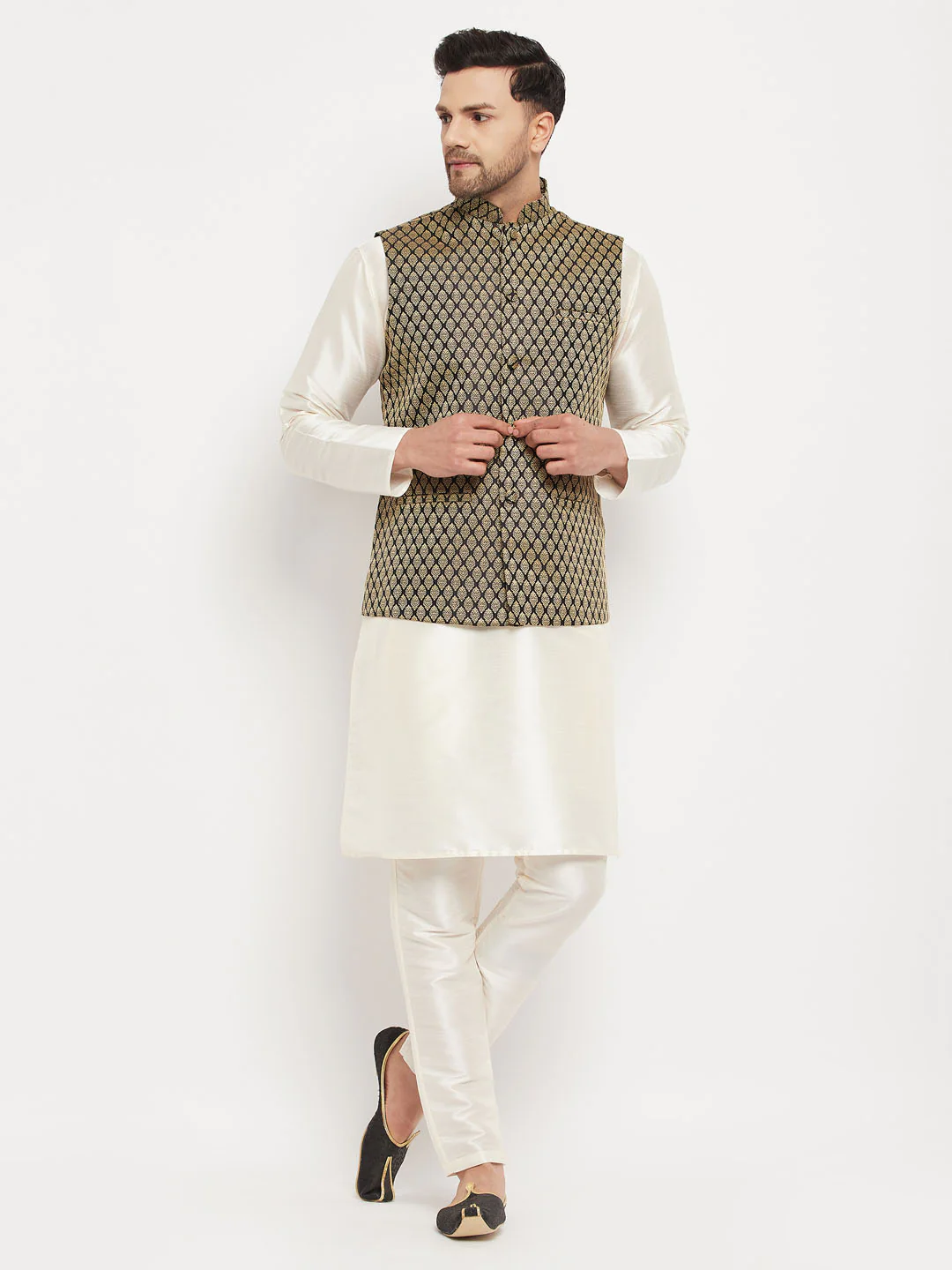 VASTRAMAY Men's Black Silk Blend Jacket With Kurta Pant Set