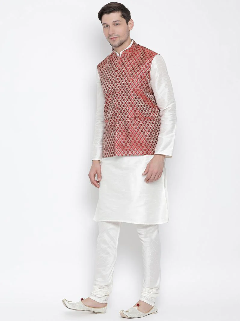 VASTRAMAY Men's Maroon Silk Blend Jacket With Kurta Pyjama Set - Image 2