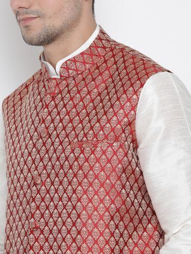 VASTRAMAY Men's Maroon Silk Blend Jacket With Kurta Pyjama Set - Image 3