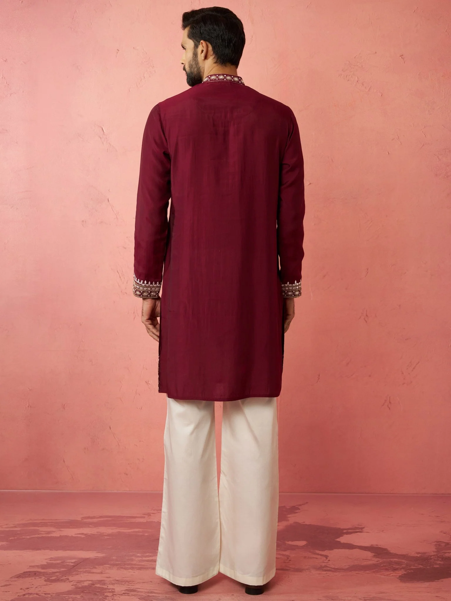 Men's Wine Chanderi Kurta Set with Cream Pant - Image 5